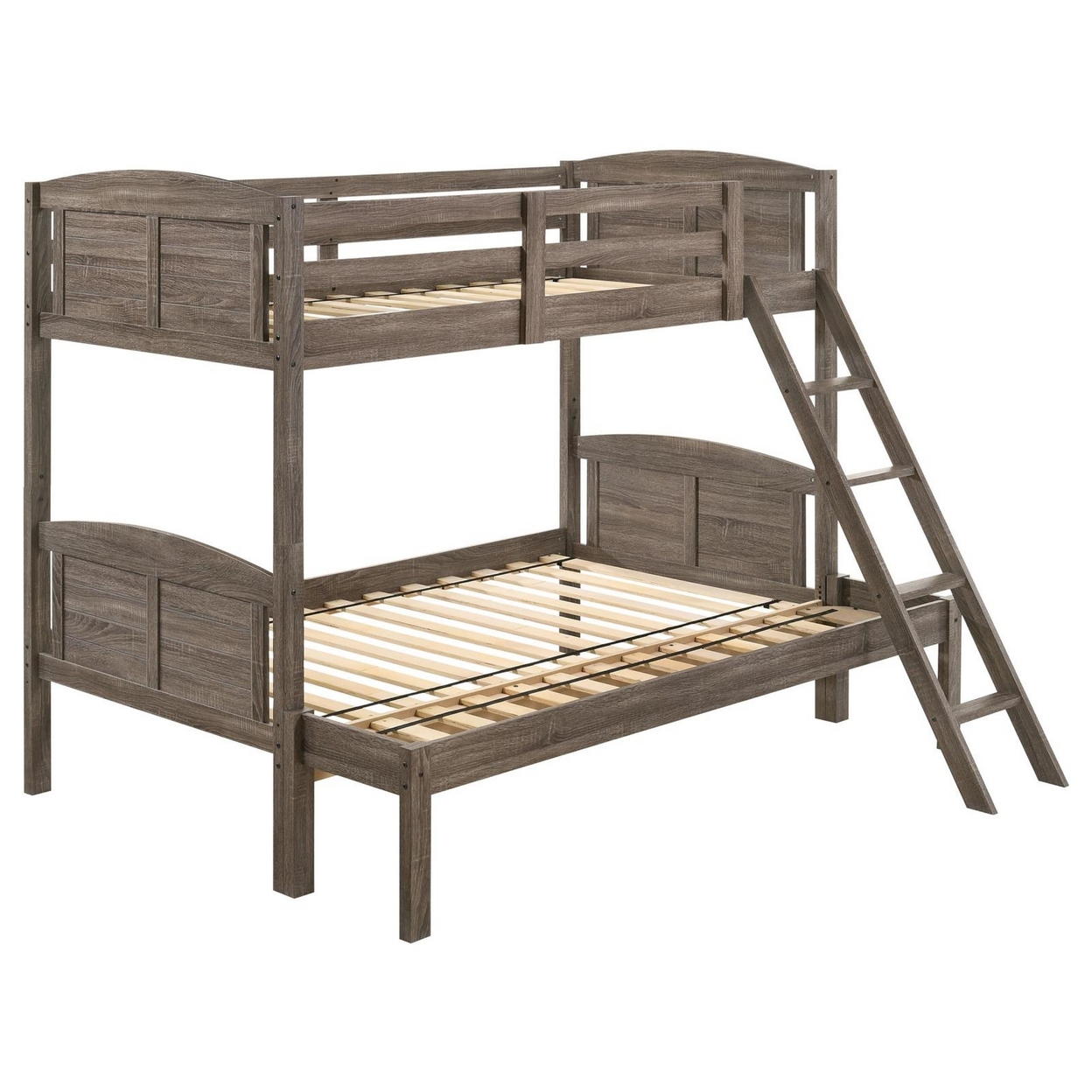 Twin Over Full Bunk Bed Set, Slatted Guard Rails, Weathered Brown Wood-Saltoro Sherpi