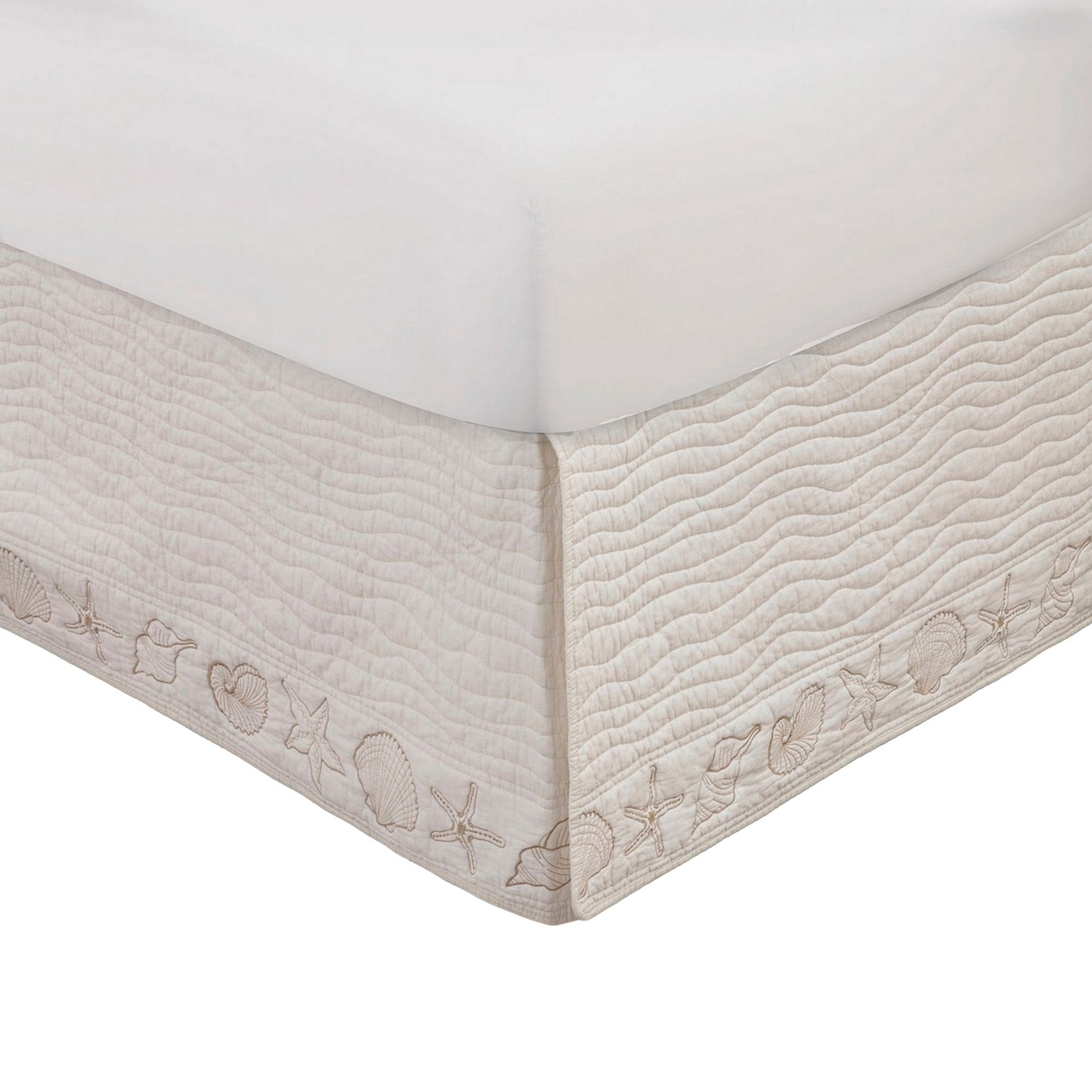 Sima Seashell Quilted Twin Bed Skirt, Cotton Fill, Triple Layered, Ivory-Saltoro Sherpi