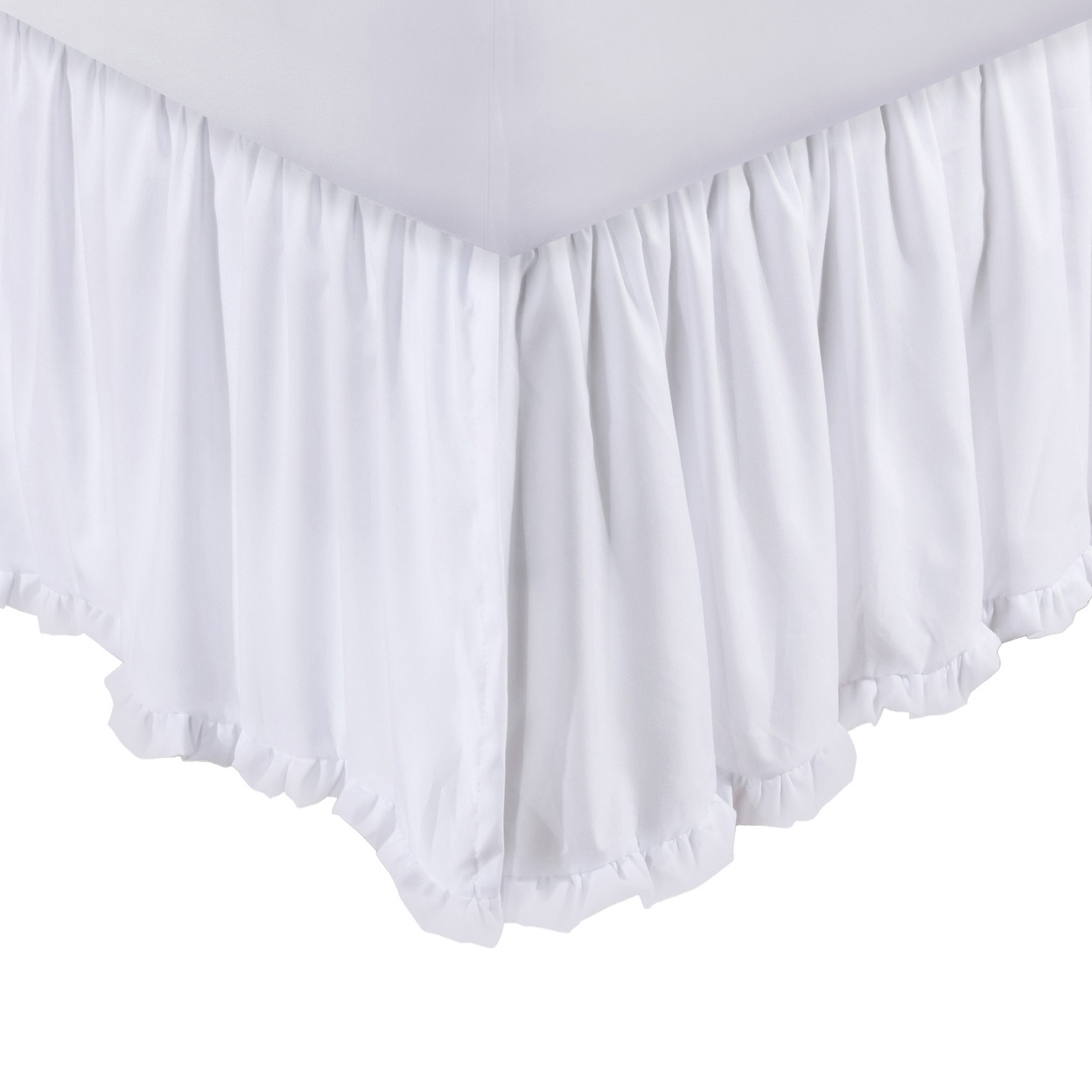 Mora Full Bed Skirt, Polyester Platform, Split Corners, Ruffle Edge, White -Saltoro Sherpi