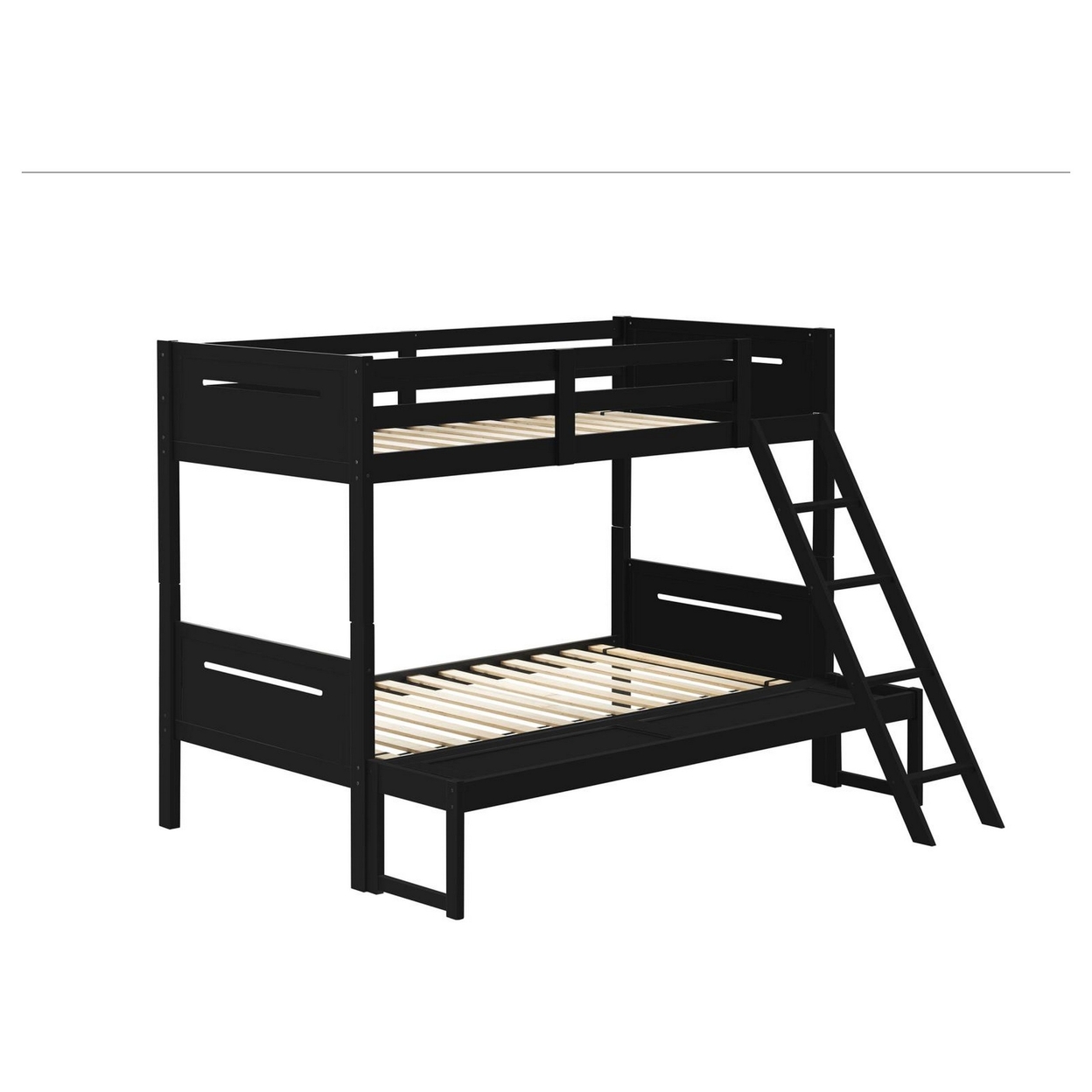 Amey Twin Over Full Bunk Bed, Guard Rails, Attached Ladder, Black Wood-Saltoro Sherpi