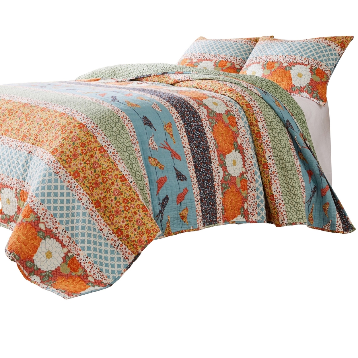 2pc Twin Quilt And Pillow Sham Set, Floral And Songbirds Prints, Multicolor-Saltoro Sherpi