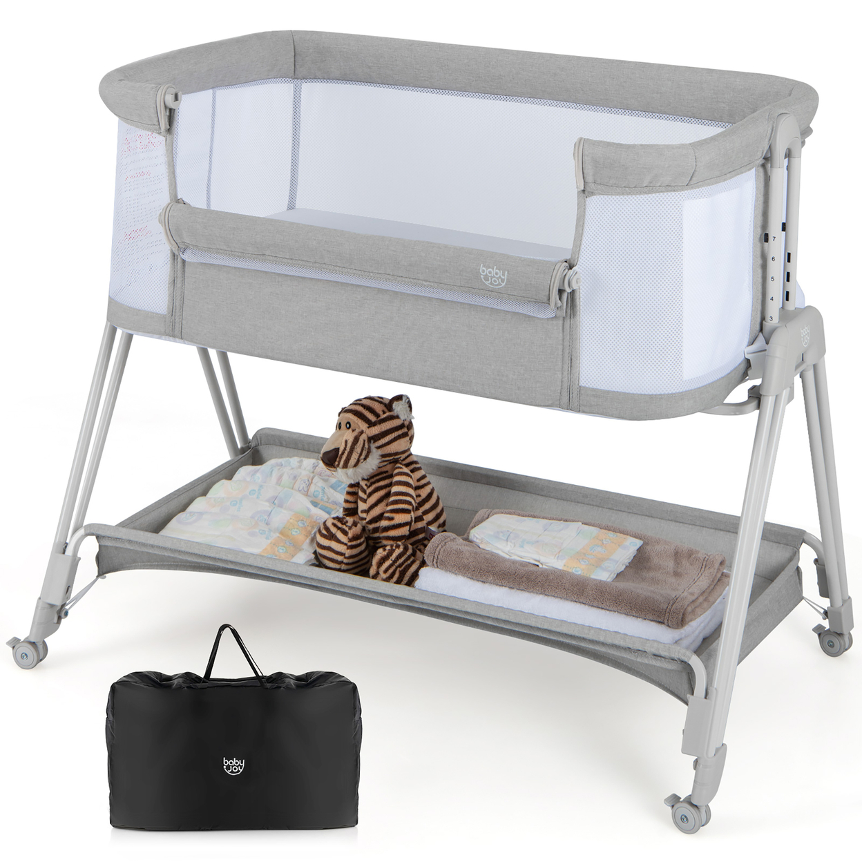 Baby Bedside Sleeper Bassinet Bed Folding Portable Adjustable Crib W/ Storage