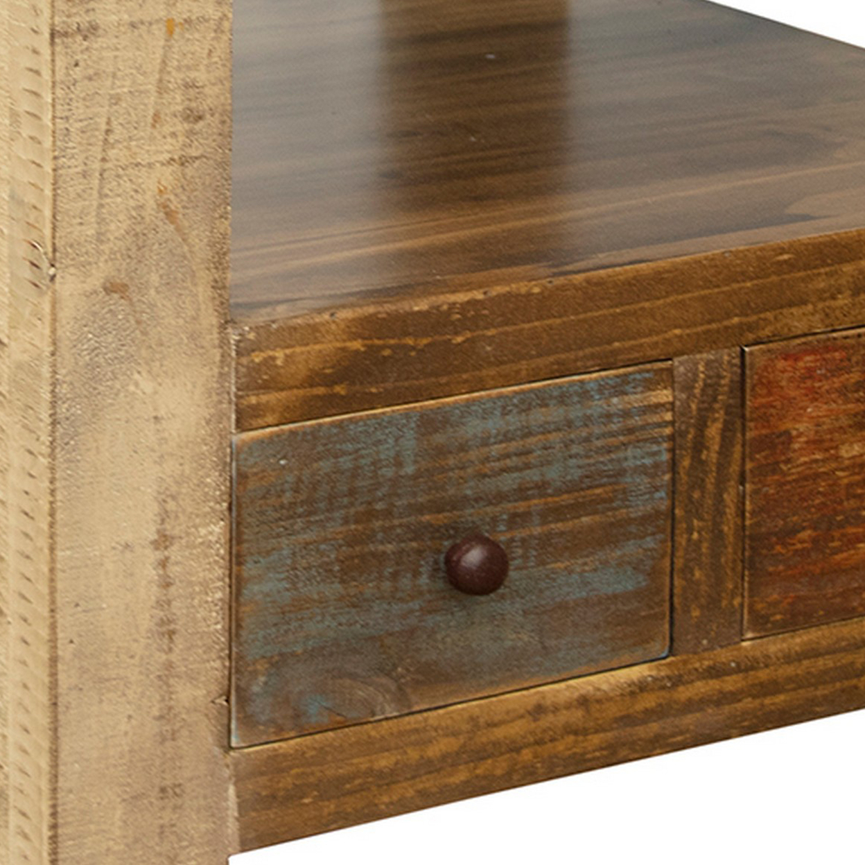 Fena 26 Inch 2 Drawer End Table, Open Shelf, Multicolor Distress Pine Wood- Saltoro Sherpi