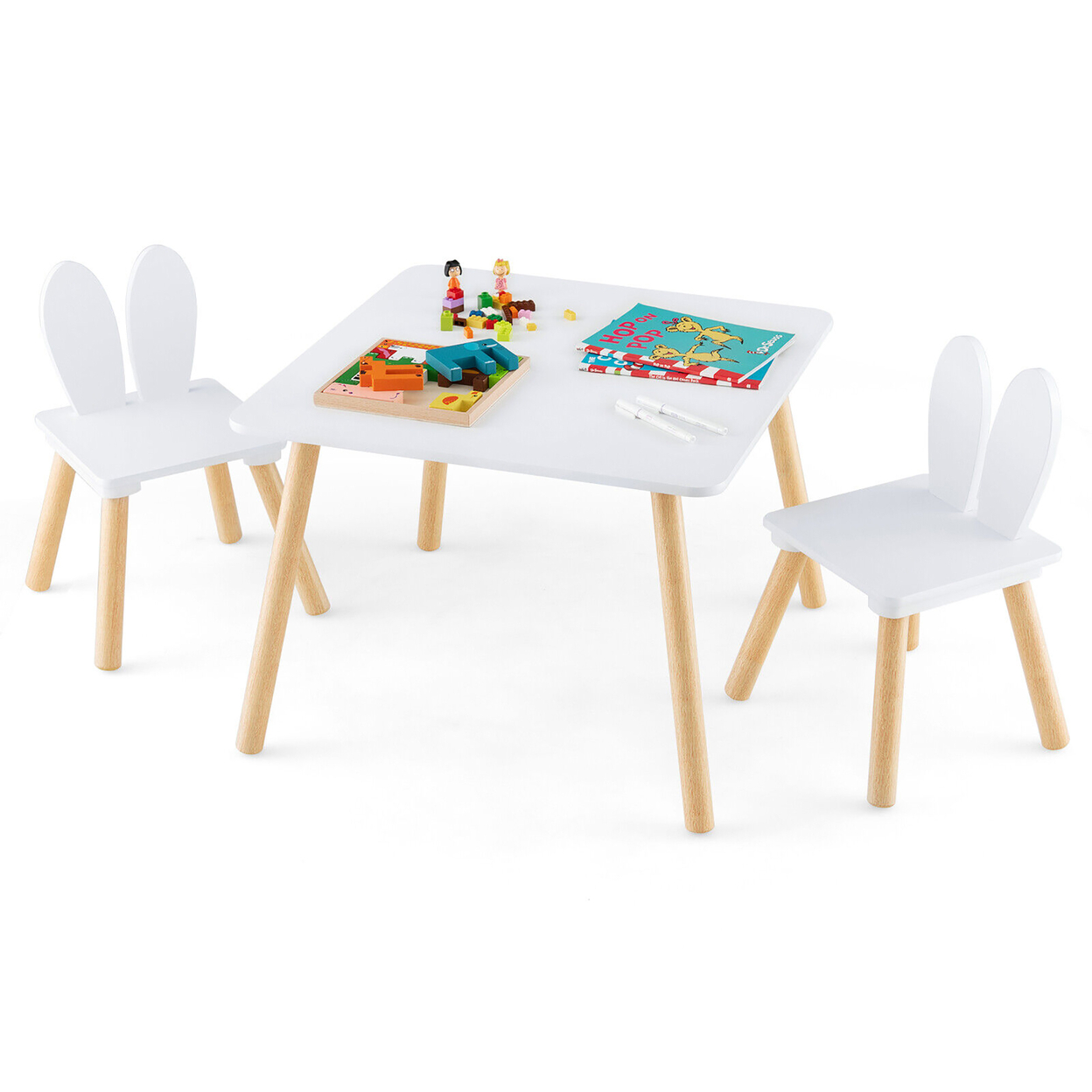 3 Pieces Kids Table & Chairs Set Children Wooden Furniture Set W/Solid Wood Legs