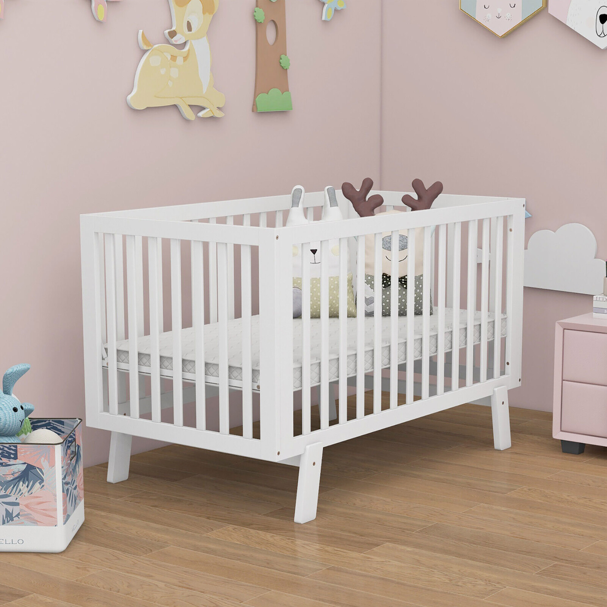 Wooden Baby Crib 3-Height Adjustable Wood Mini Crib Non-Toxic Finish In White