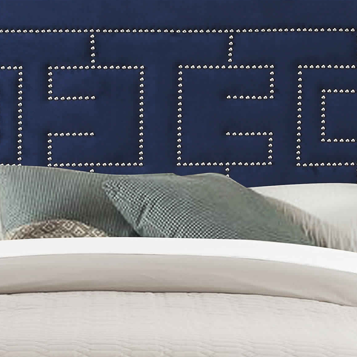 Fabric Eastern King Bed With Geometric Pattern Nailhead Trims, Blue- Saltoro Sherpi