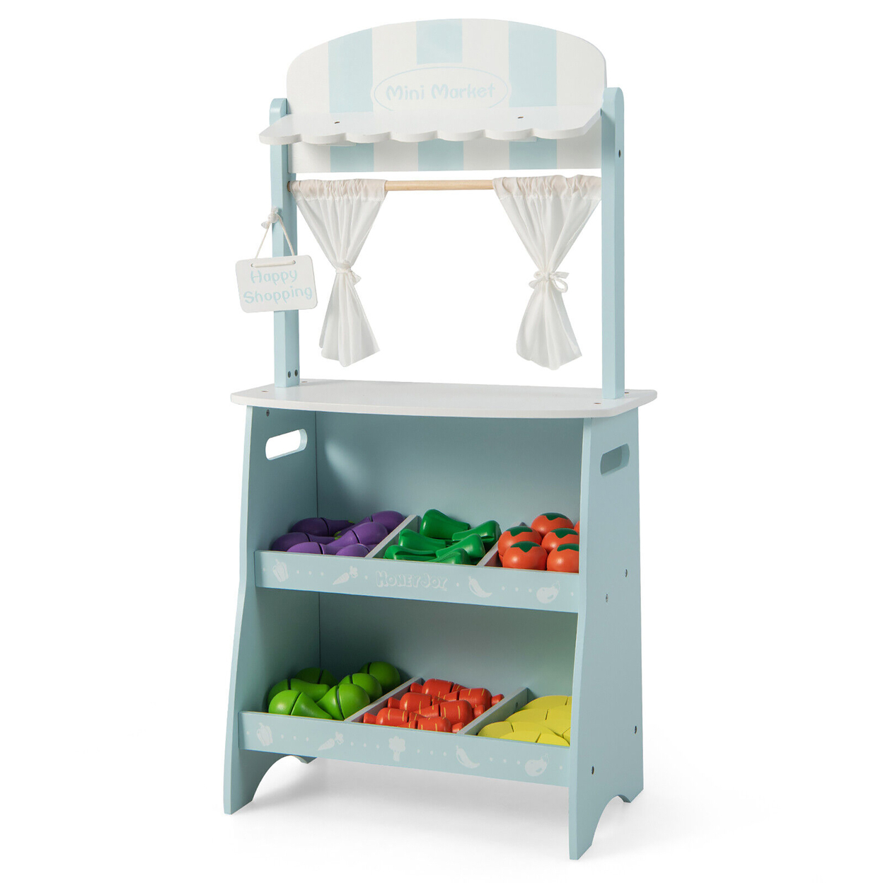 Kid's Farmers Market Stand Wooden Grocery Store Set W/ Cutting Veggies & Fruits - Blue