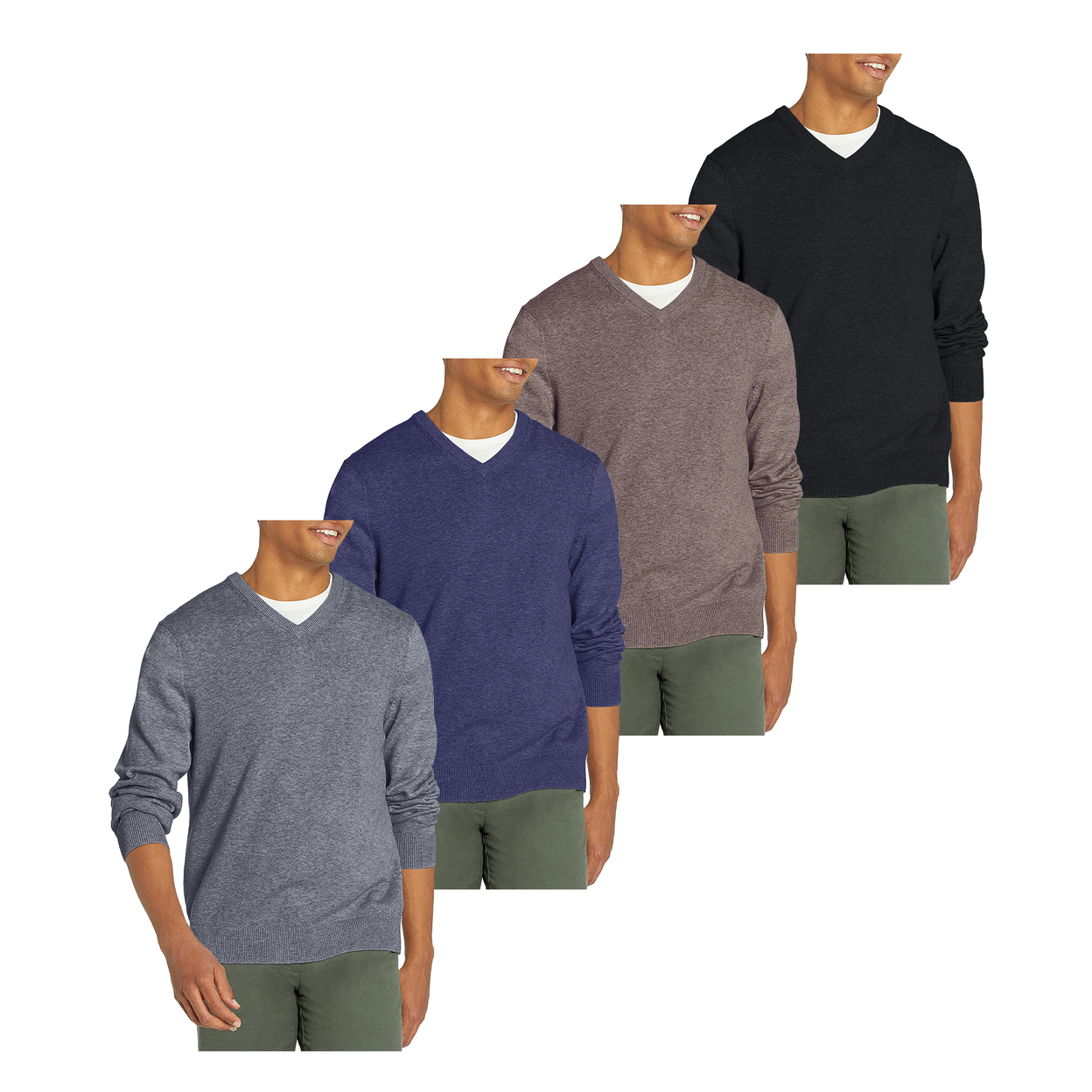 2-Pack: Men's Casual Ultra Soft Slim Fit Warm Knit V-Neck Sweater - Black & Blue, Large