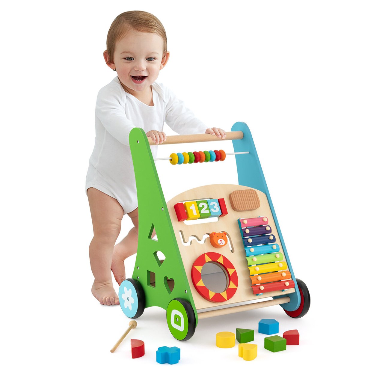 Wooden Baby Walker Toddler Push And Pull Walker Learning Activity Center Toy