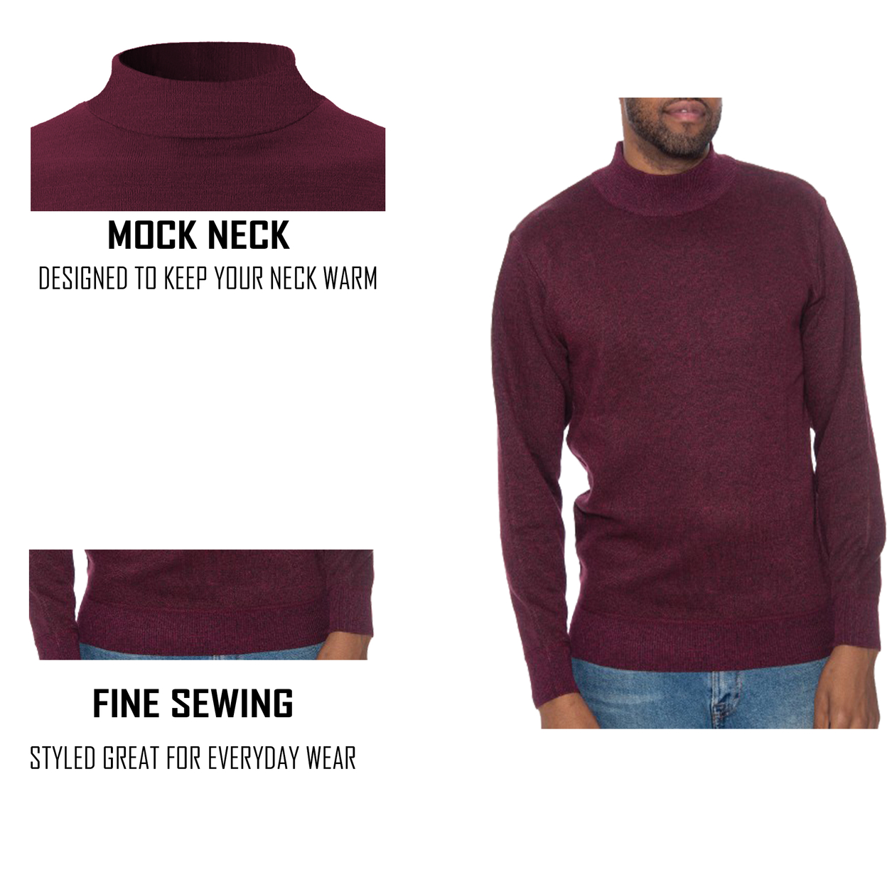 2-Pack: Men's Winter Warm Cozy Knit Slim Fit Mock Neck Sweater - Black& Burgundy, Medium