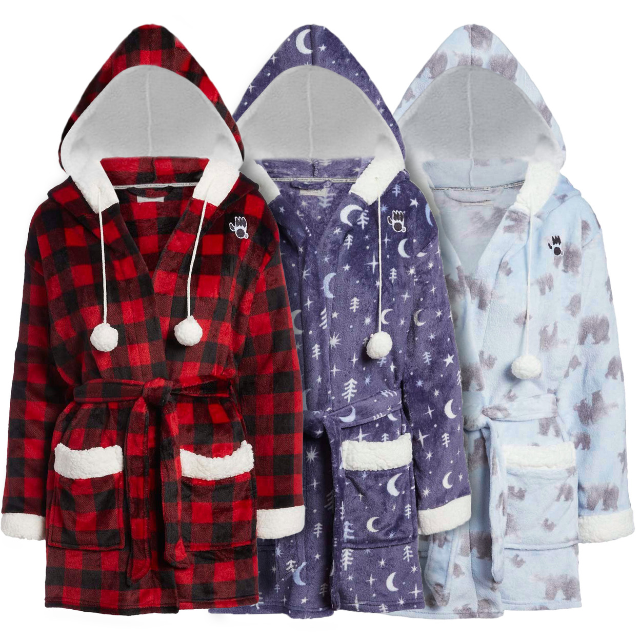 Women's Ultra-Soft Plush Winter Warm Cozy Sherpa Lined Trim Print Robe With Pockets And Hood - Winter Grey, Medium