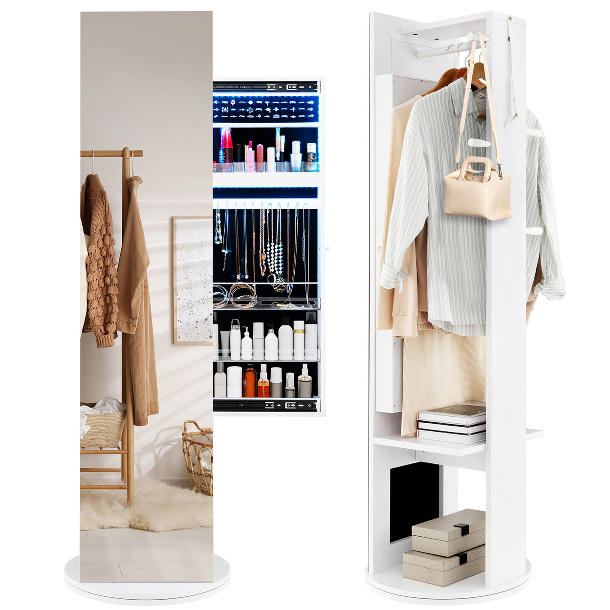 360° Swivel Jewelry Cabinet Armoire Full Length Mirror Coat Rack W/ LED Lights