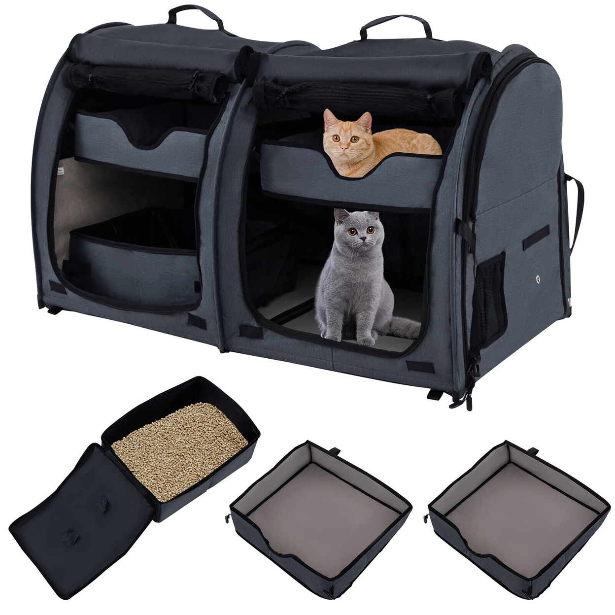 Double Compartment Pet Carrier Portable 3-in-1 Pet Kennel W/Carry Bag For Cats