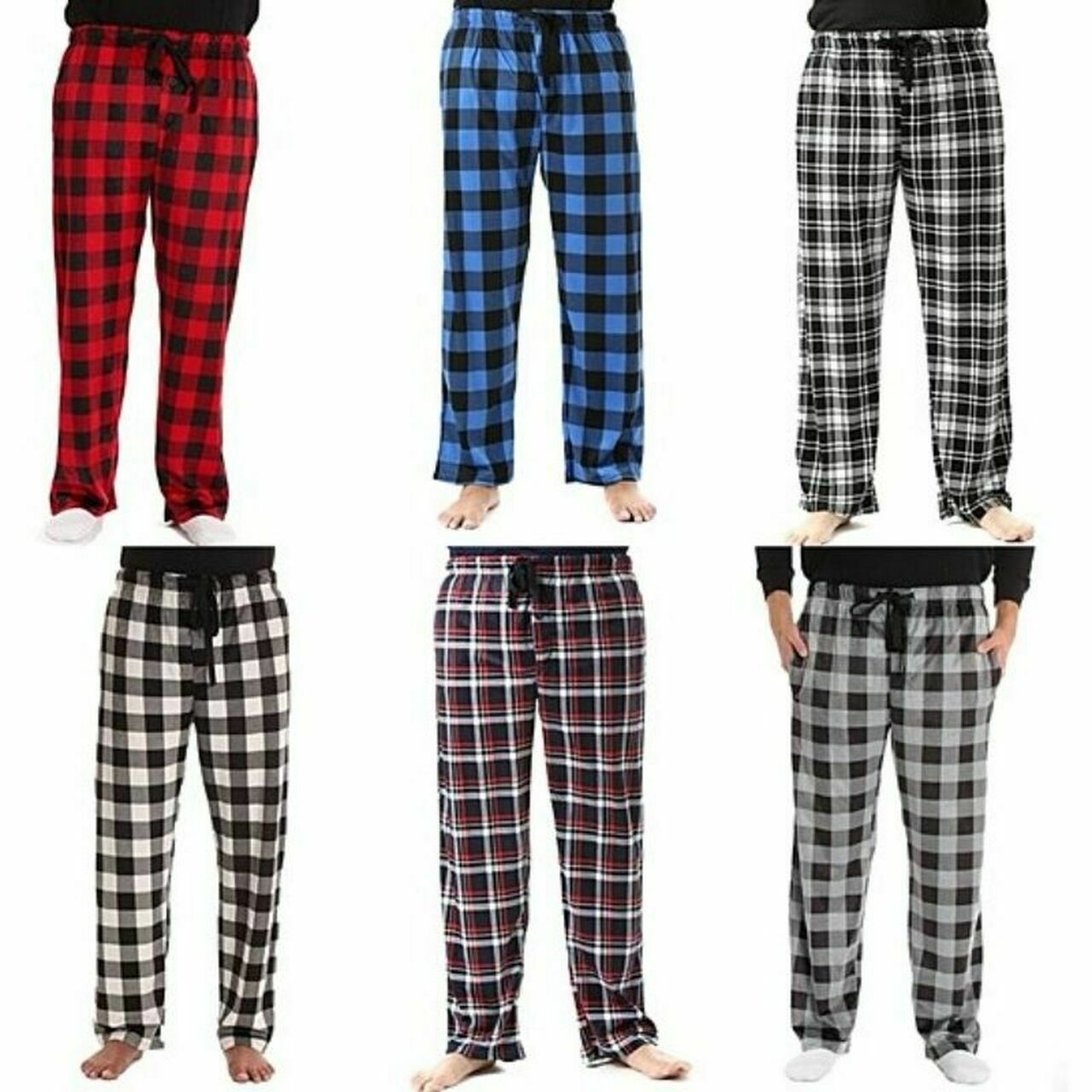 2-Pack: Men's Ultra Soft Cozy Flannel Fleece Plaid Pajama Sleep Bottom Lounge Pants - Black & Blue, Large