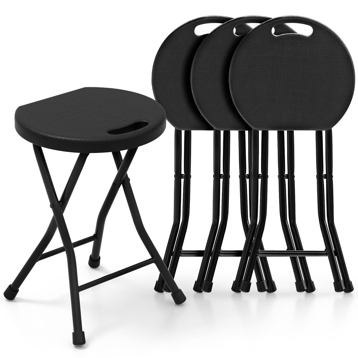 Set Of 4 Outdoor Folding Stool Portable Space-Saving Round X Shaped Chair Black
