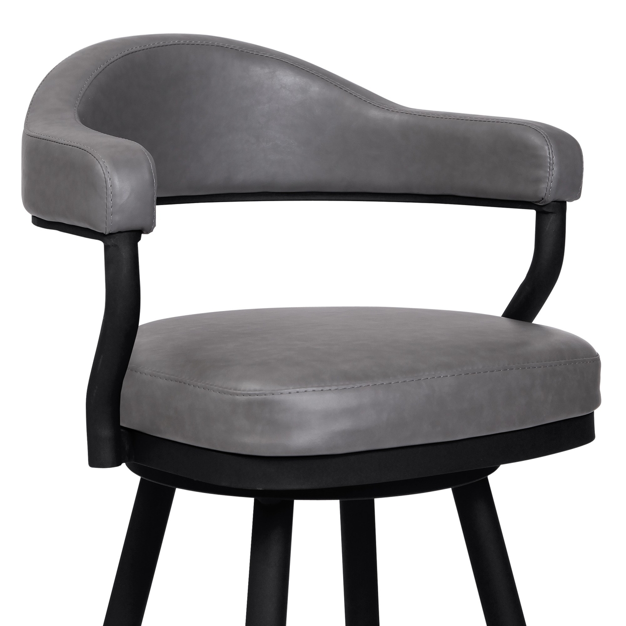 Knw 30 Inch Swivel Barstool Armchair, Black, Vintage Gray Faux Leather- Saltoro Sherpi