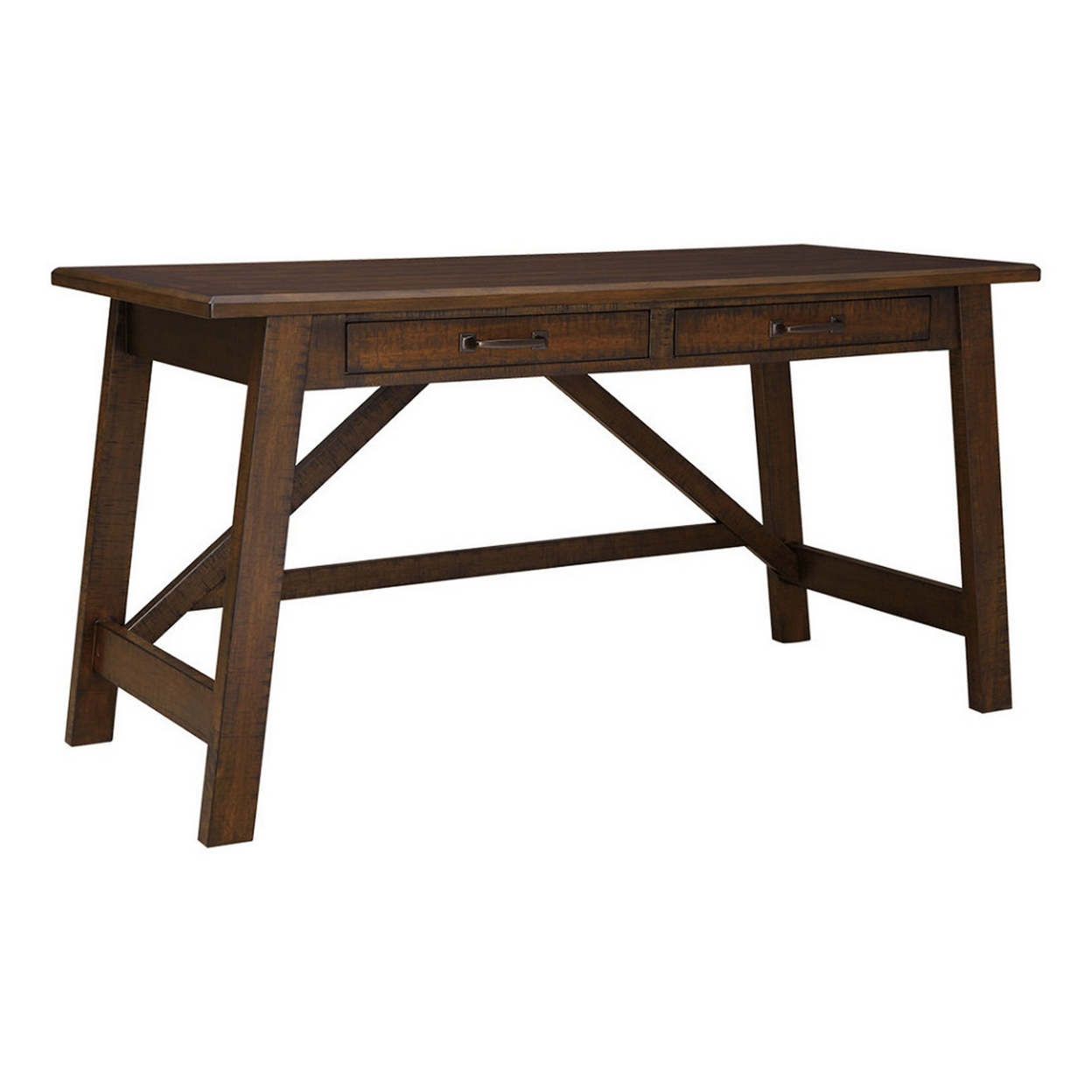 Two Drawers Wooden Desk With Cross Stretcher Brace Design, Large, Brown- Saltoro Sherpi