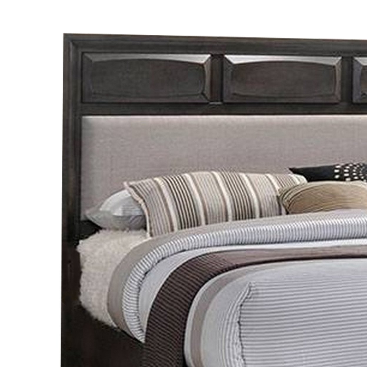 Kevi Queen Size Bed, Beige Fabric Upholstered Headboard, Storage, Oak Gray- Saltoro Sherpi