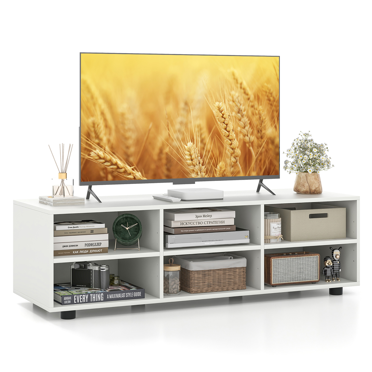 TV Stand For TV Up To 55'' Home TV Cabinet W/ 6 Storage Compartments White