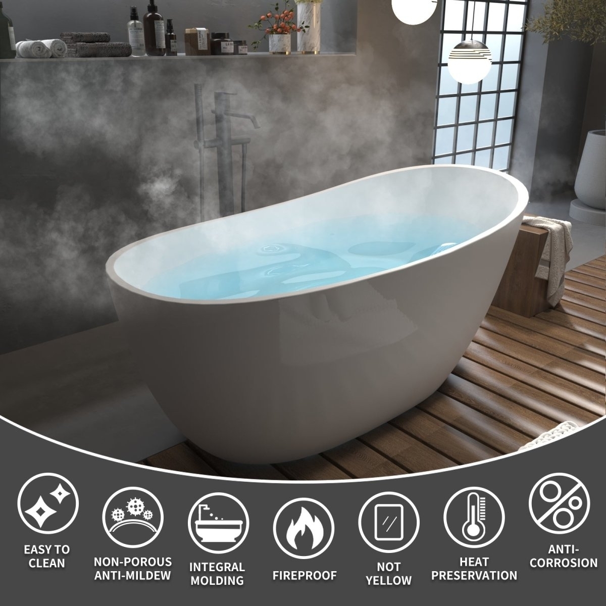 ExBrite 59 Bathtub Acrylic Free Standing Tub Oval Shape Soaking Tub, Adjustable Freestanding Gloss White