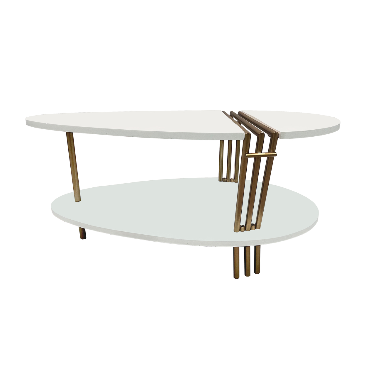 36 Inch Modern Coffee Table, Oval Elliptical Shape, White Mango Wood With Antique Brass-Saltoro Sherpi