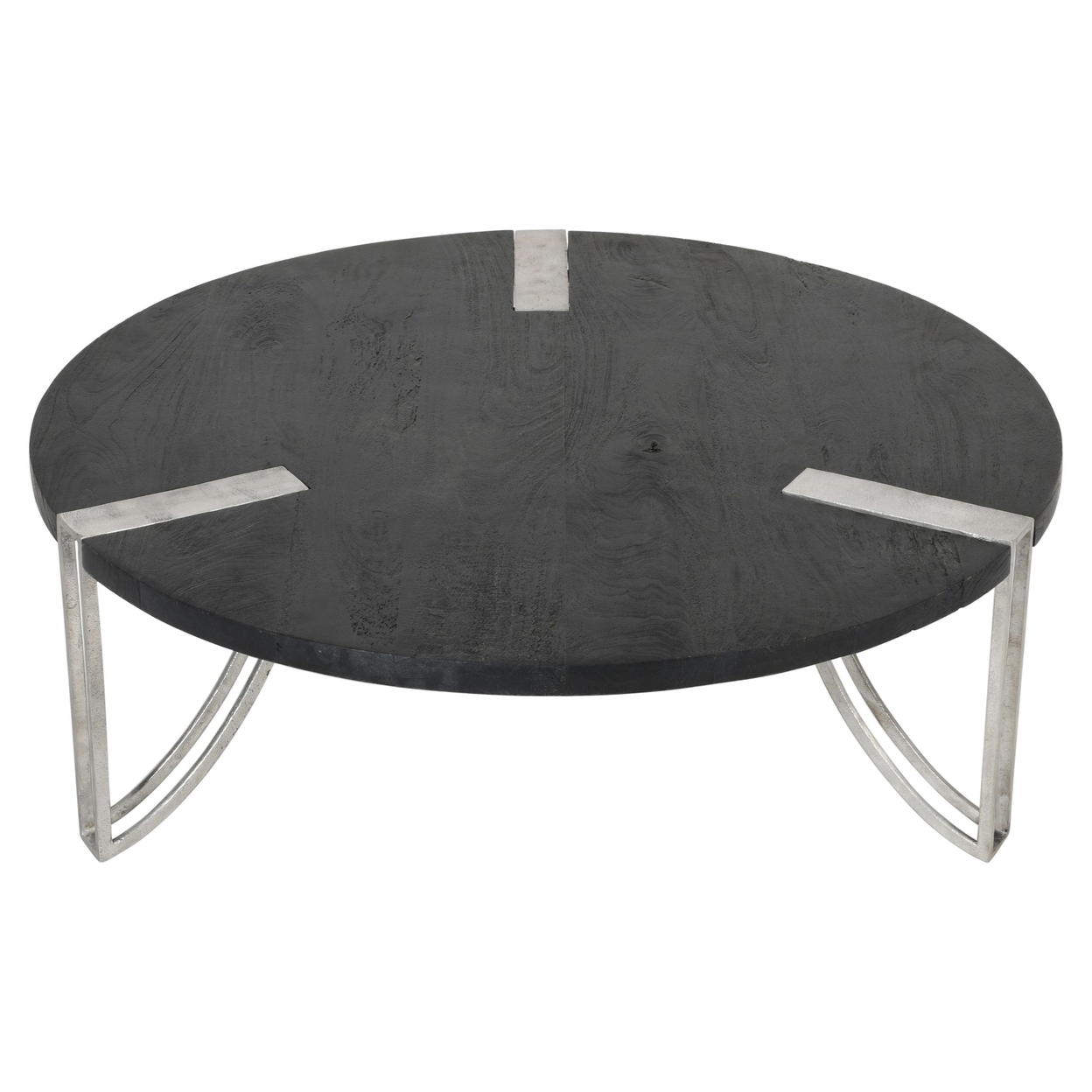 35 Inch Round Coffee Table, Sandblasted Matte Black Mango Wood Top, Curved Aluminium Legs, Antique Silver-Saltoro Sherpi