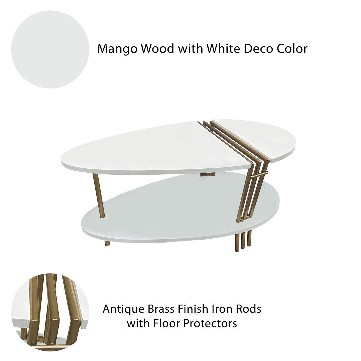 36 Inch Modern Coffee Table, Oval Elliptical Shape, White Mango Wood With Antique Brass-Saltoro Sherpi