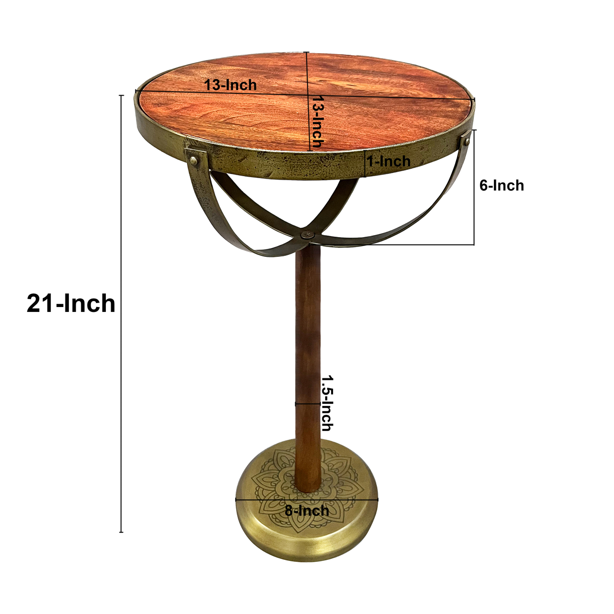 13 Inch Drink End Table, Etched Design, Martini Glass Shape, Antique Brass And Brown-Saltoro Sherpi