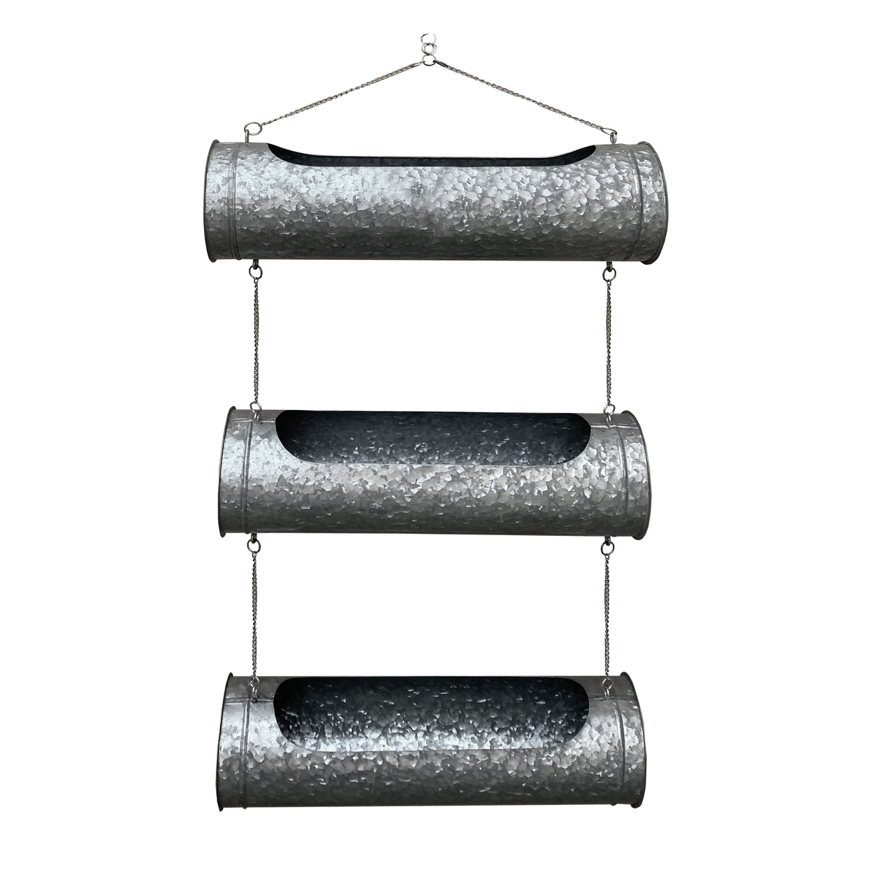 36 Inch 3 Tier Hanging Planter, Galvanized Metal With Chrome Chain, Silver Finish-Saltoro Sherpi