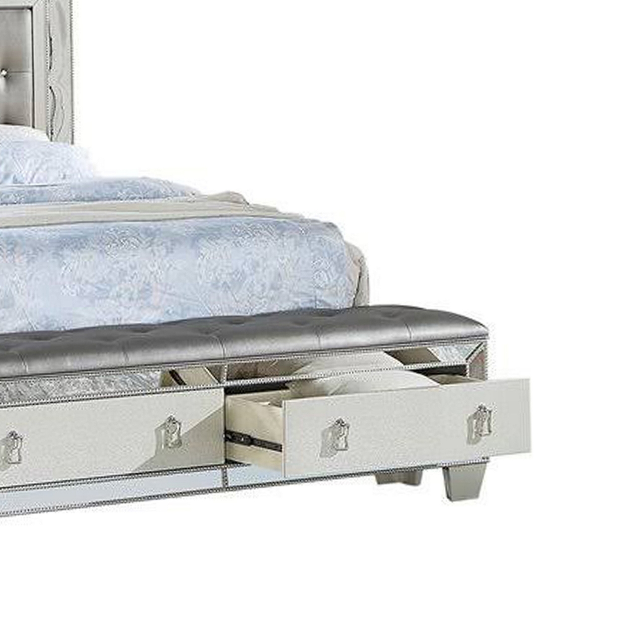 Reva Queen Bed, Storage Footboard, Silver Faux Leather Tufted Upholstery- Saltoro Sherpi