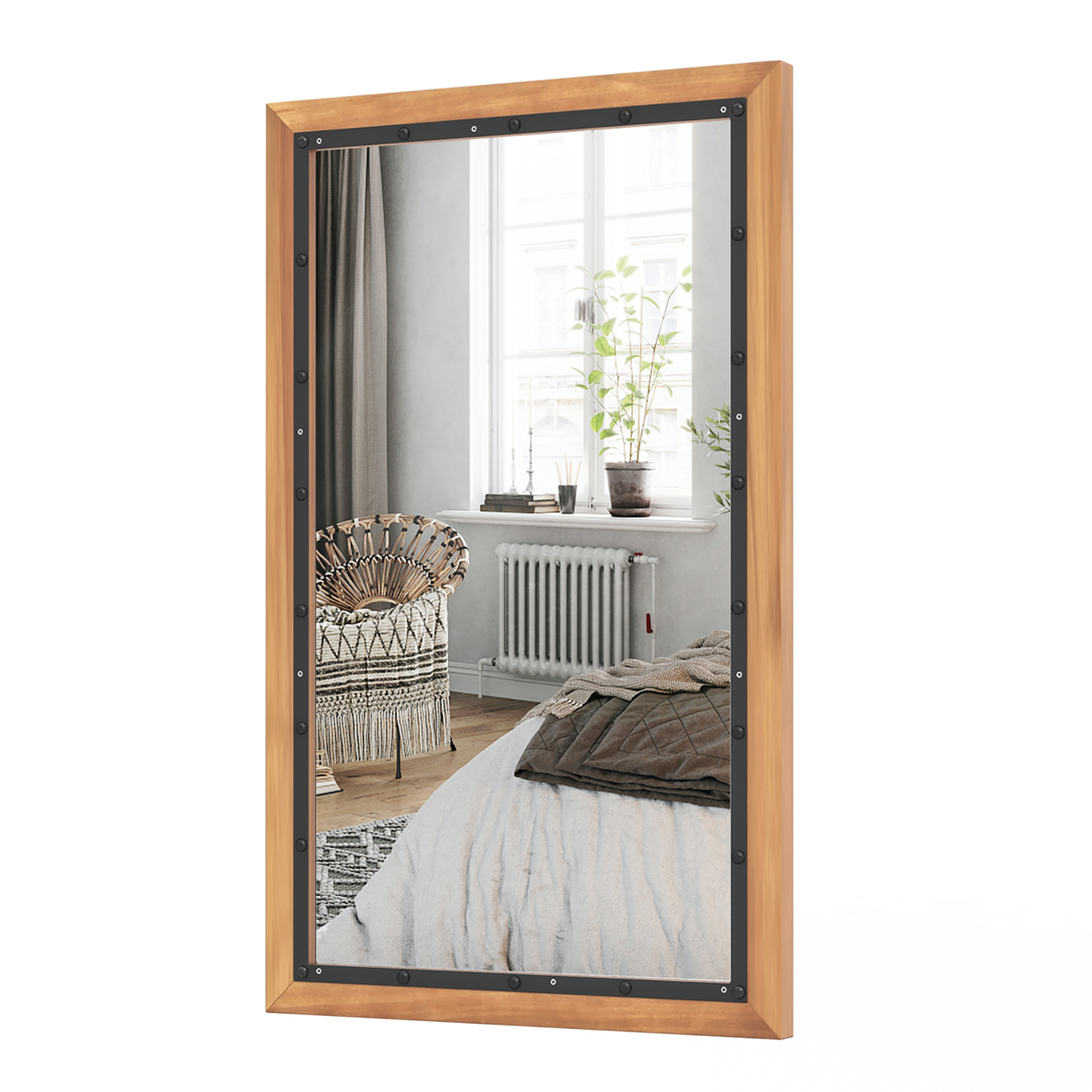 Rustic Wood Mirror Rectangular Frame Decor Wall Mounted Mirror W/ Back Board