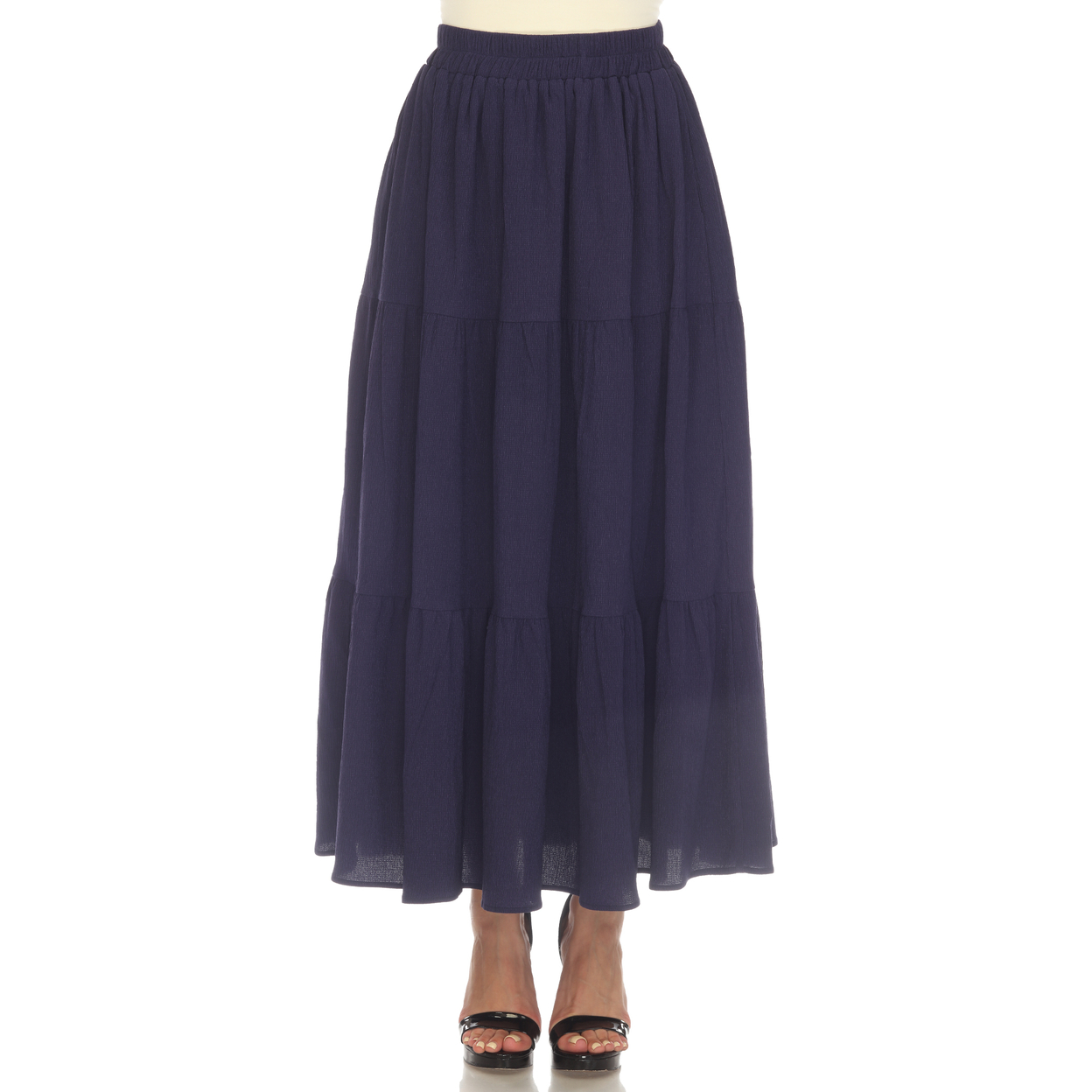 White Mark Women's Pleated Tiered Maxi Skirt - Navy, Small