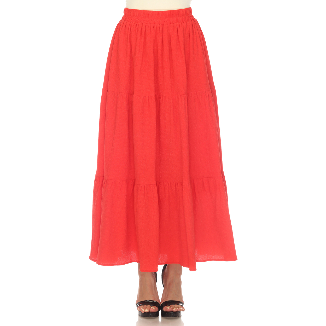 White Mark Women's Pleated Tiered Maxi Skirt - Red, Medium
