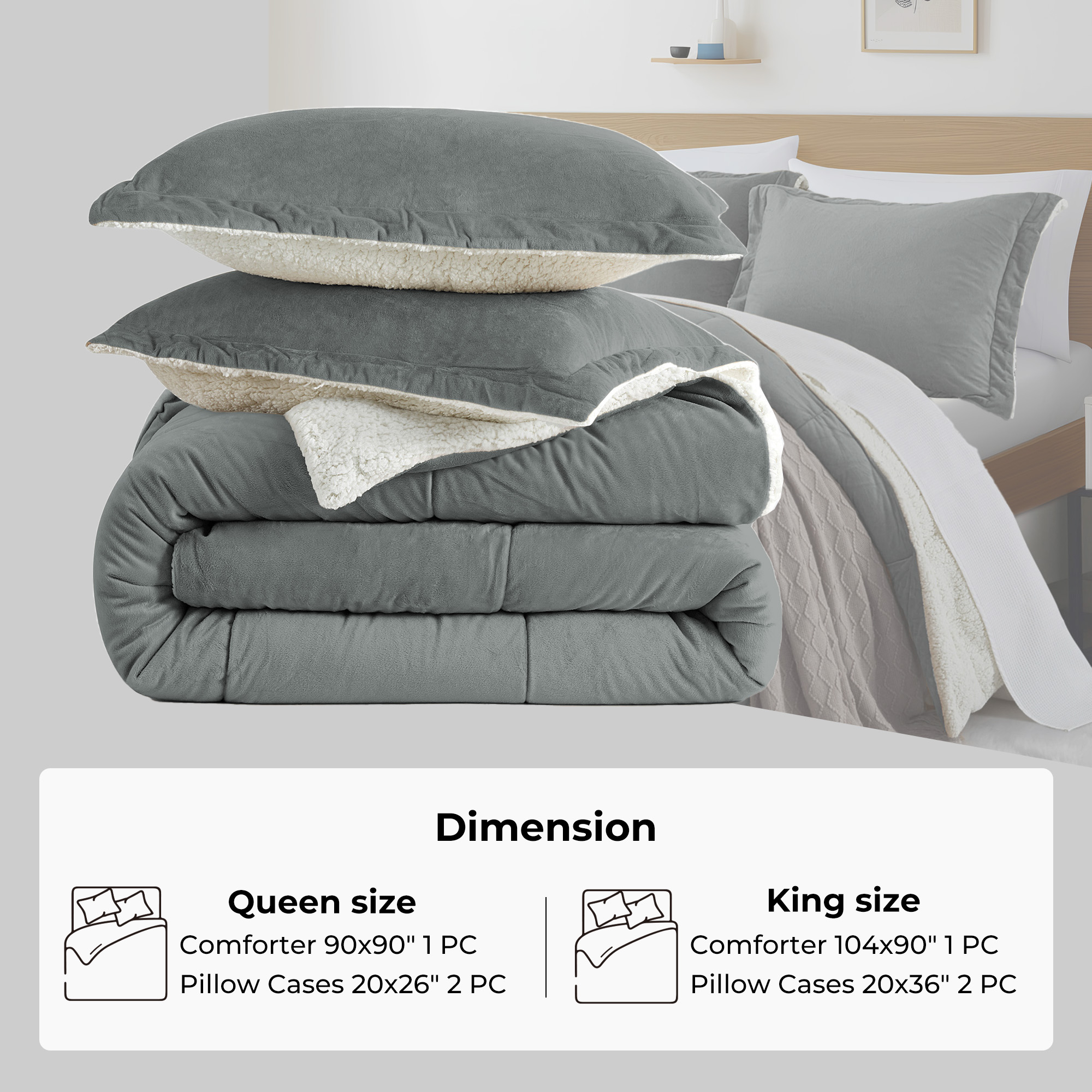 3 Piece Faux Fur Comforter Set, Soft Plush Velvet Fluffy Comfy Comforter Reversible Winter Comforter Set - King Size