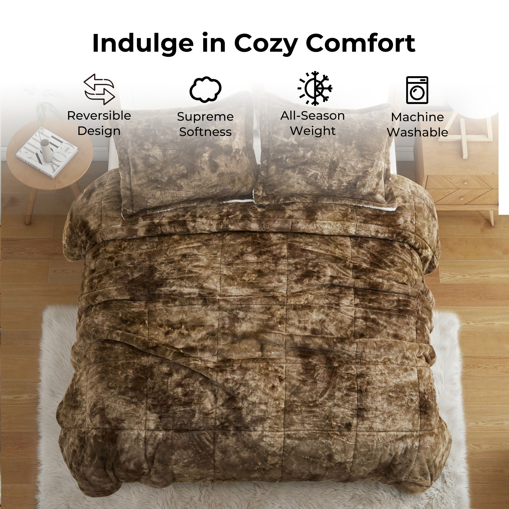 3-Piece Faux Fur Reversible Comforter Set Soft Fluffy Bedding Set, Winter Comforter Set - Full/Queen Size