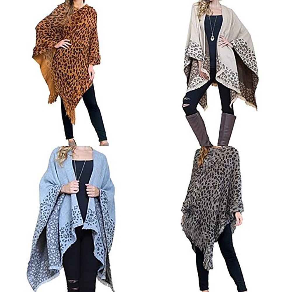 2-Pack: Women's Oversized Winter Warm Pullover Cape Sweater Fringe Shawl Wrap Fringe Poncho - Animal & Plaid