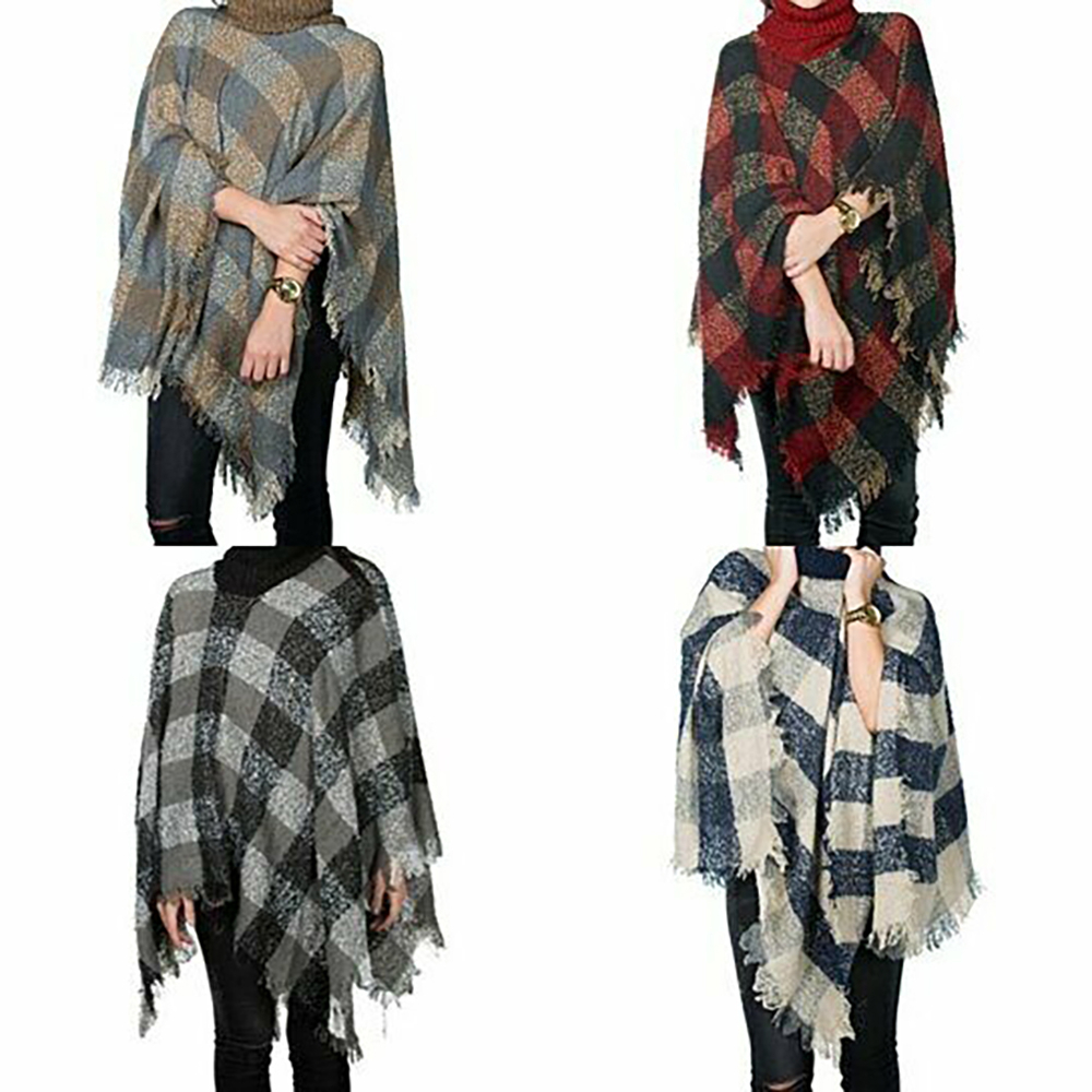 2-Pack: Women's Oversized Winter Warm Pullover Cape Sweater Fringe Shawl Wrap Fringe Poncho - Solid & Plaid