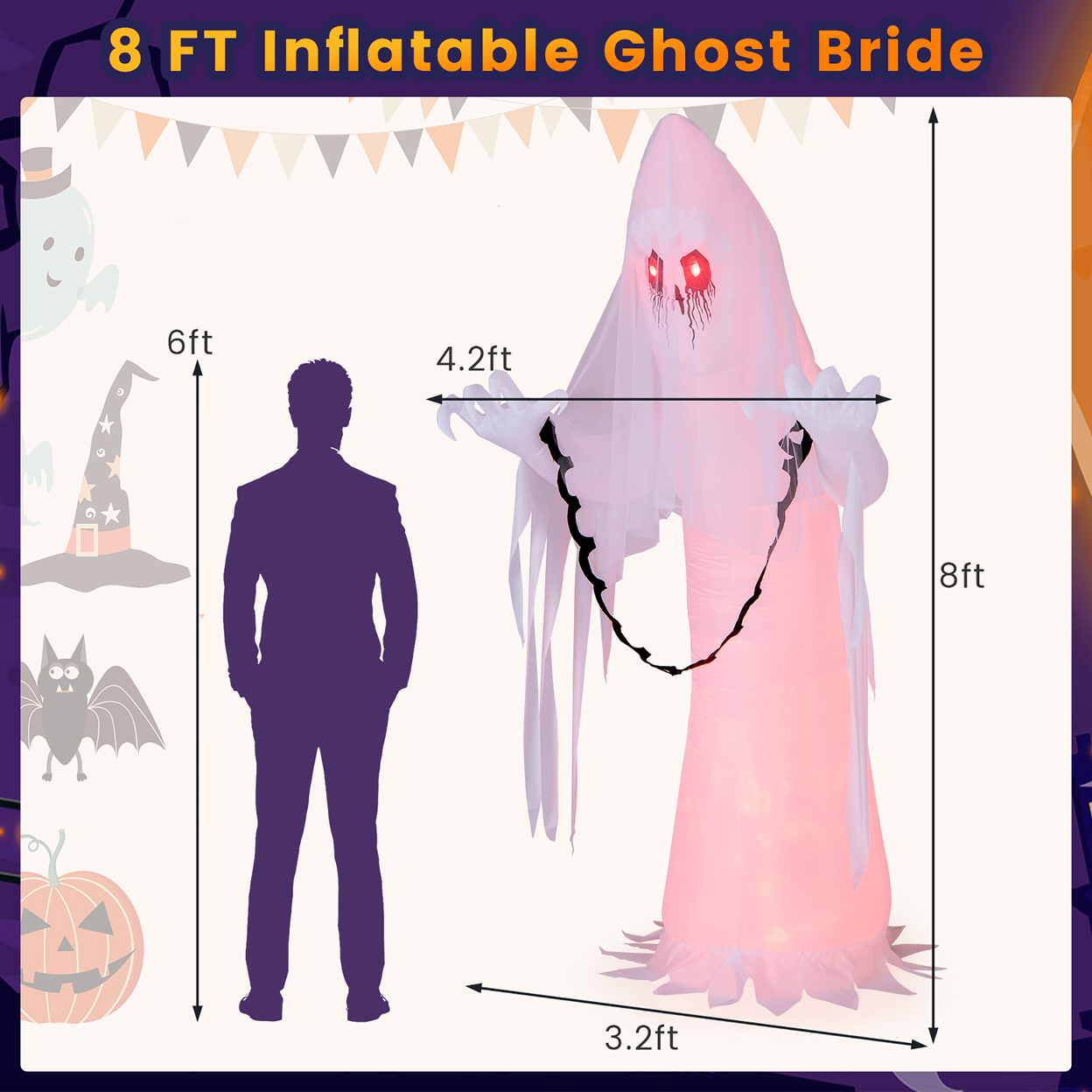 8 FT Inflatable Ghost Bride Outdoor Halloween Decoration W/ Rotating Flame Light