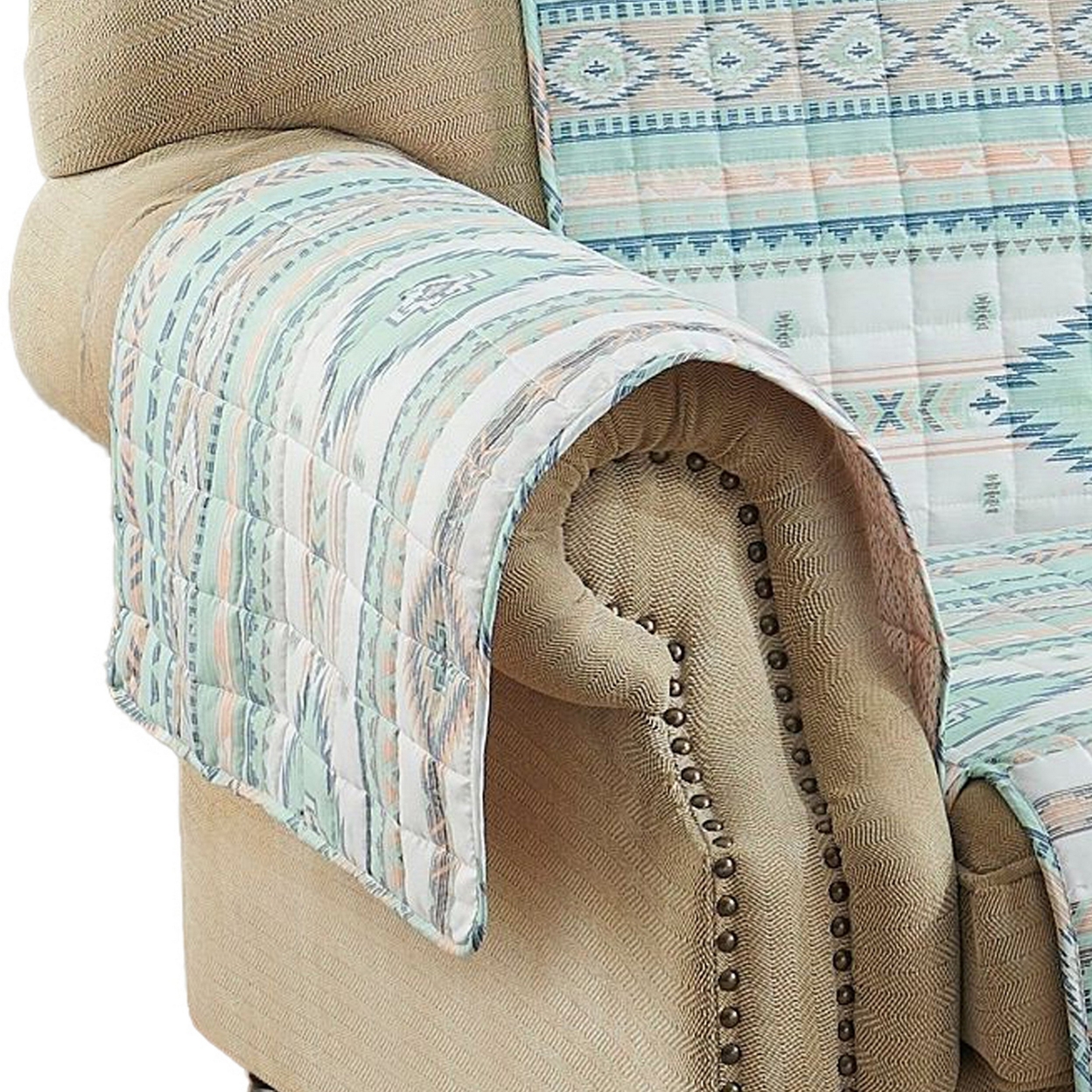Linda 103 Inch Quilted Loveseat Cover, Geometric Print, Turquoise Polyester-Saltoro Sherpi