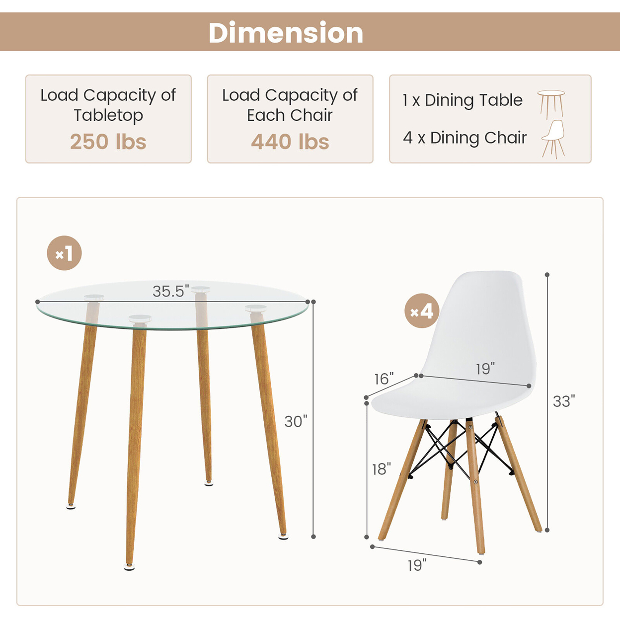 5 PCS Dining Table Set Tempered Glass Table 4 Chairs W/ Beech Wood Leg Kitchen