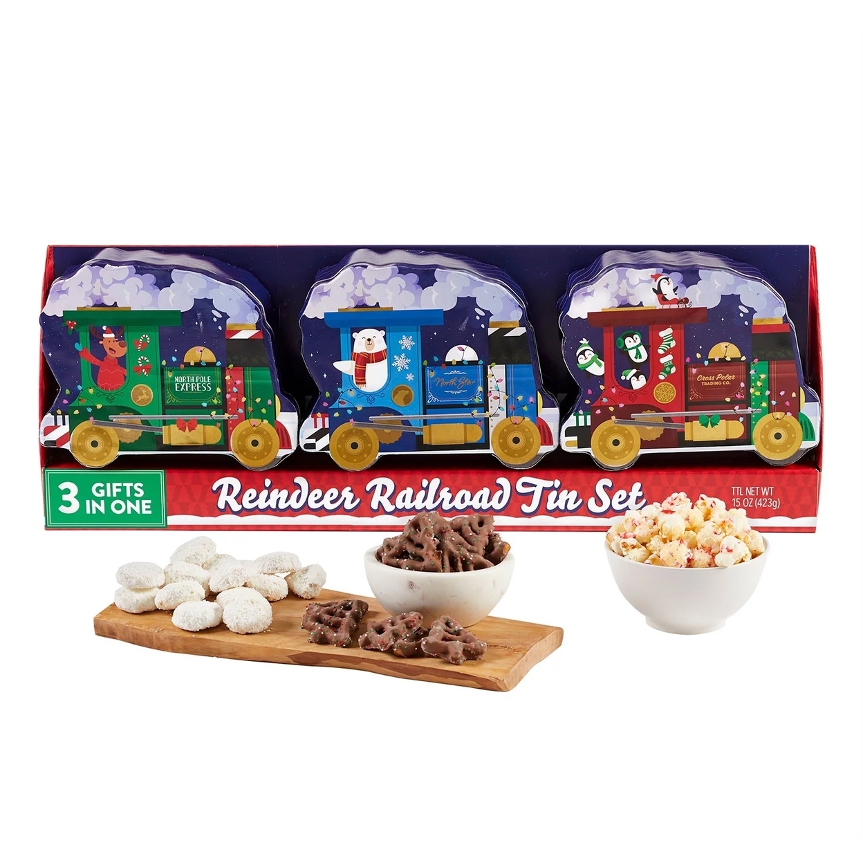 Holiday Vintage Train Tin Gift With Treats, 3-Piece Set