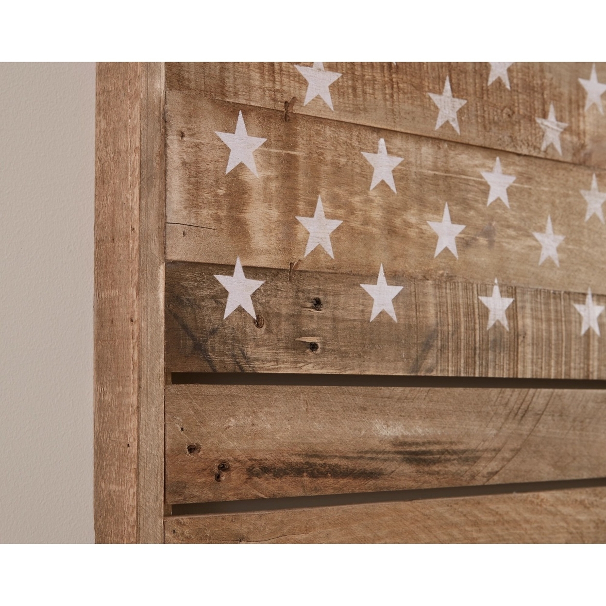 45 Inch Wood American Flag Wall Decor, D-Ring Hanging Bracket, Light Brown- Saltoro Sherpi