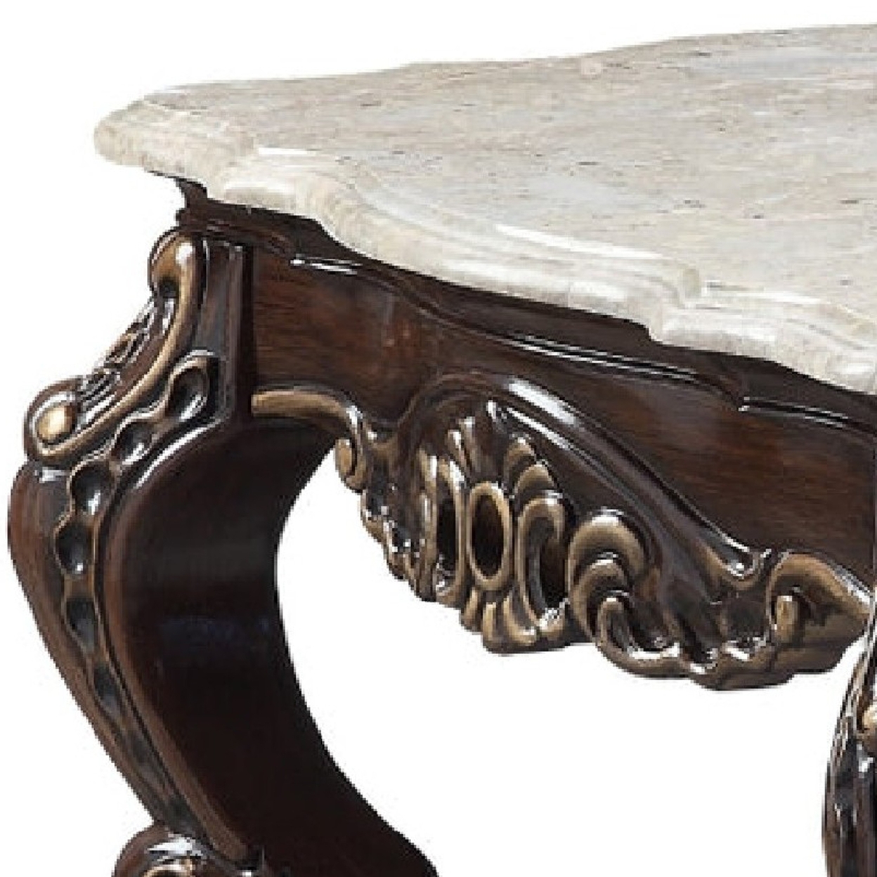 Ben 28 Inch Marble End Table, Scrolled Details, Cabriole Legs, Brown- Saltoro Sherpi