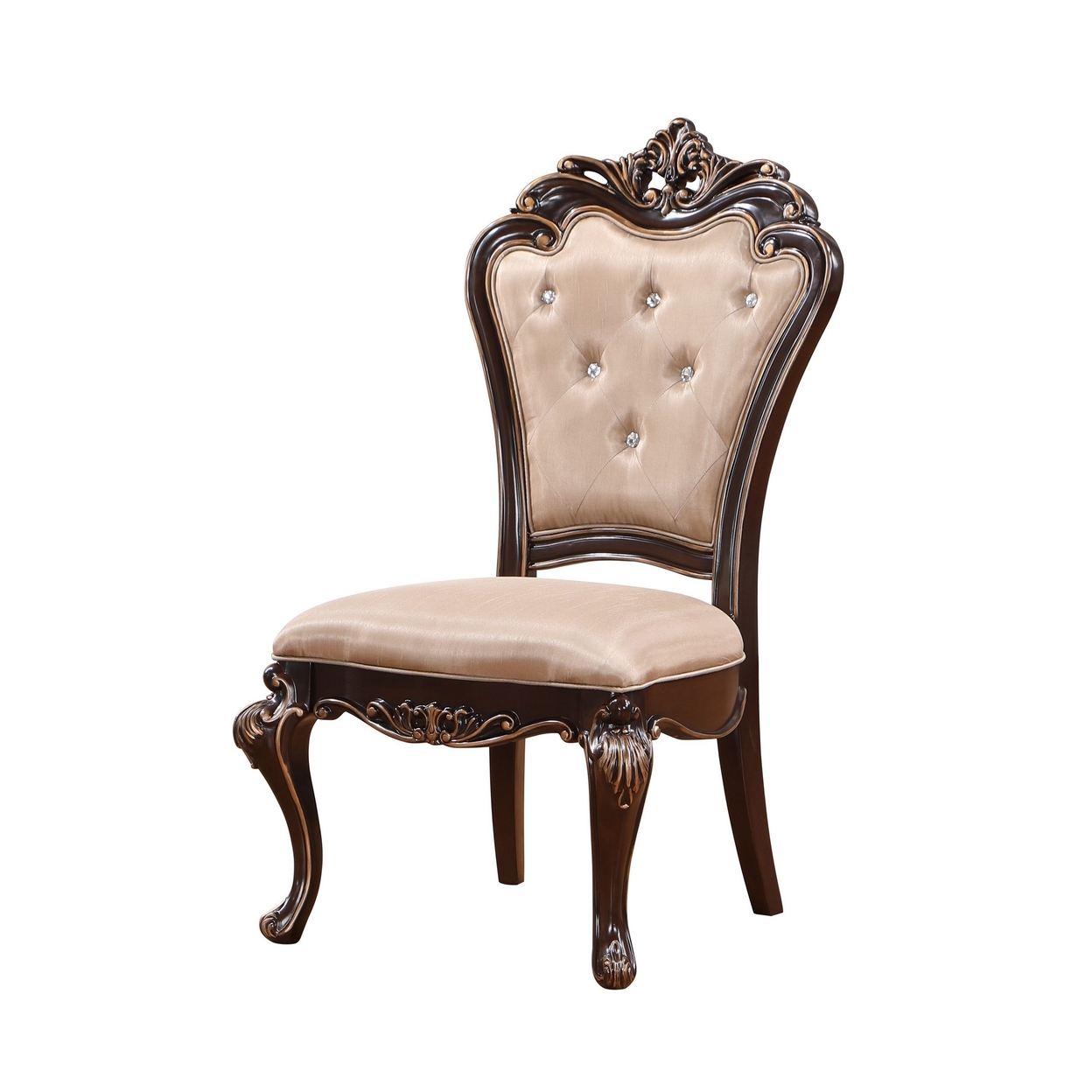 Leon 22 Inch Set Of 2 Tufted Dining Chairs, Cherry Brown Wood, Beige Fabric - Saltoro Sherpi