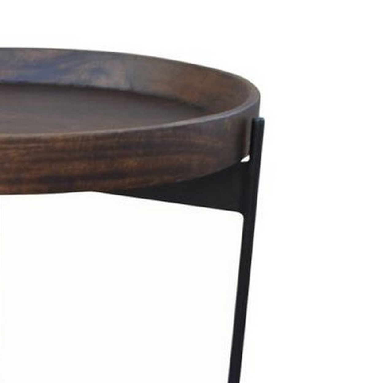 24 Inch Round Side Table, Dark Brown Mango Wood Tray Top, Black Iron Legs- Saltoro Sherpi
