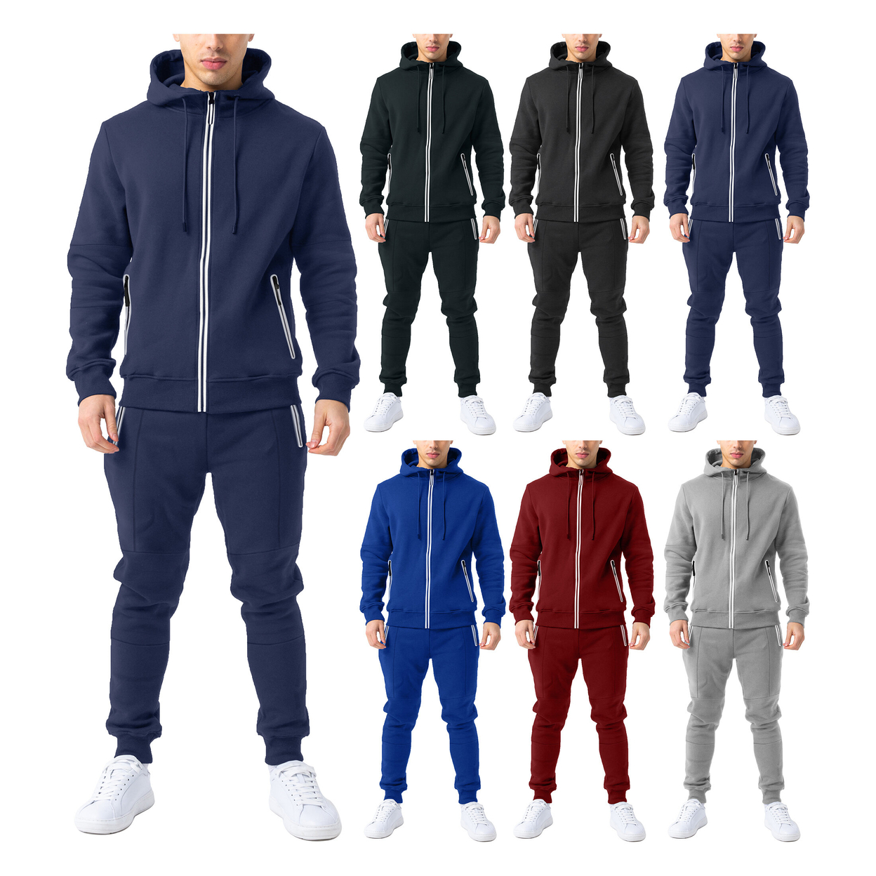 2-Pack: Men's Cozy Slim Fit Active Athletic Full Zip Hoodie And Jogger Tracksuit - Black & Blue, Medium