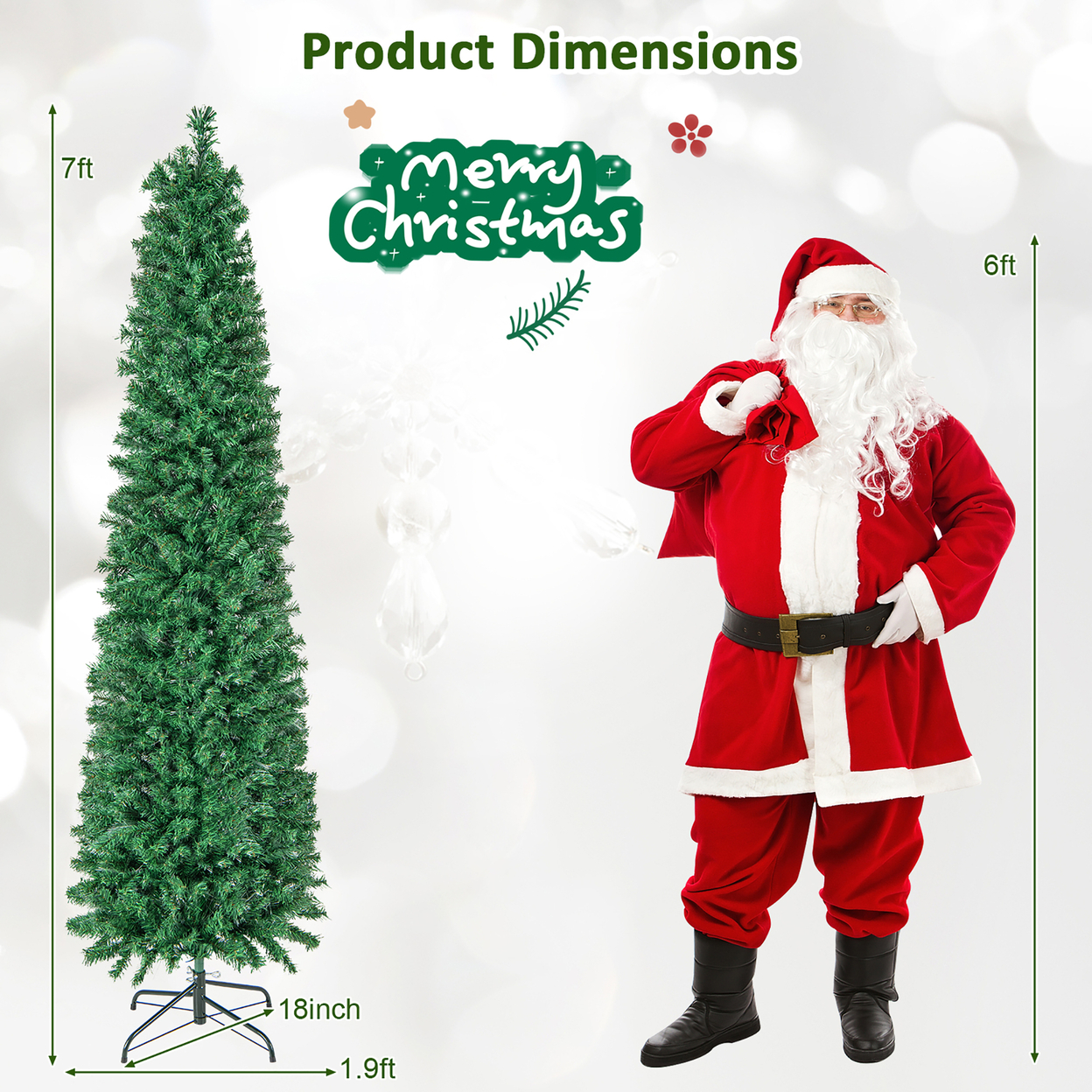 7 FT Fiber Optic Artificial Christmas Tree Slim Pencil Xmas Tree W/ Colorful Lights & 697 Branch Tips