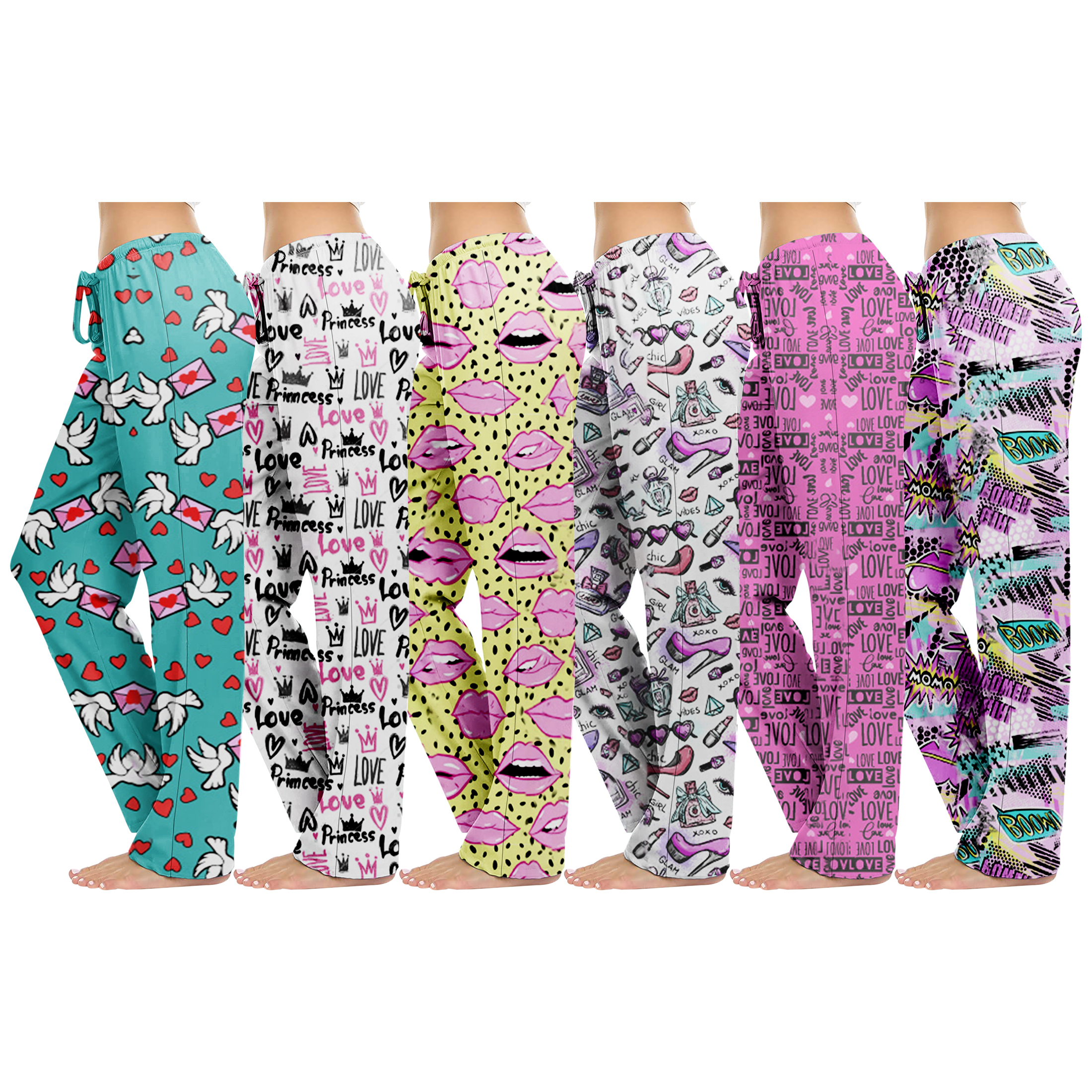 Multi-Pack: Women's Casual Fun Printed Lightweight Lounge Terry Knit Pajama Bottom Pants - 2-pack, X-large, Love