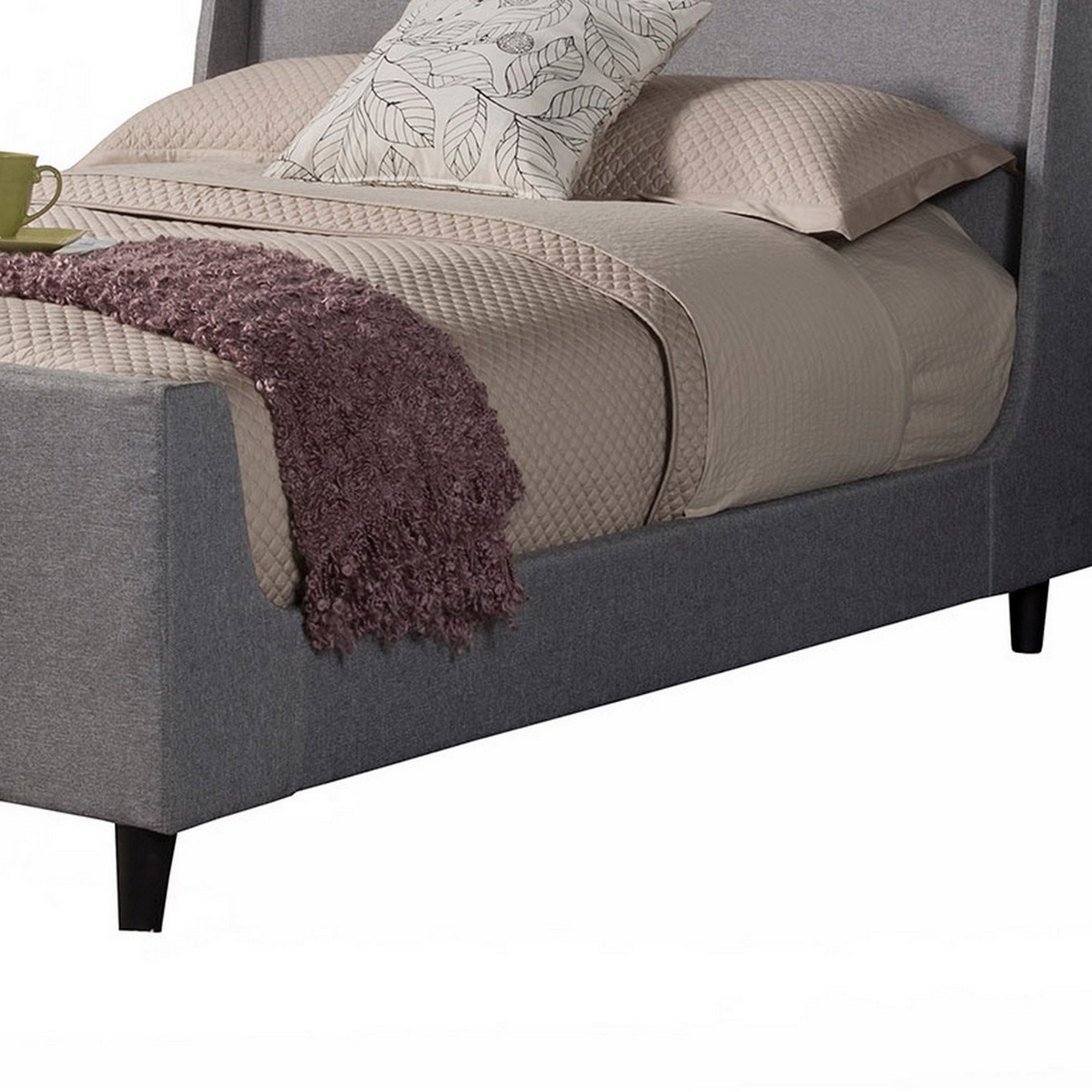 Eva Low Profile Full Size Bed, Gray Linen Upholstery, Shelter Headboard- Saltoro Sherpi