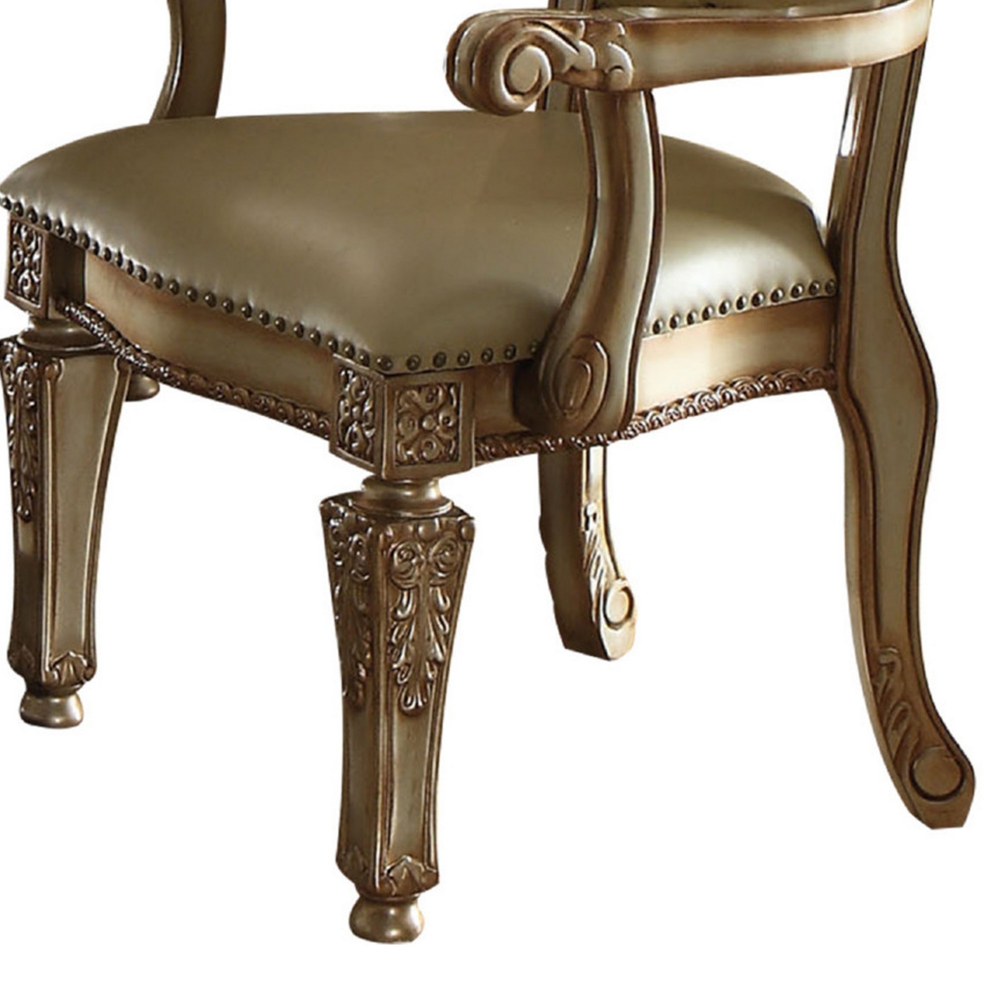 Leatherette Wooden Arm Chair With Button Tufted Details, Set Of 2, Gold- Saltoro Sherpi